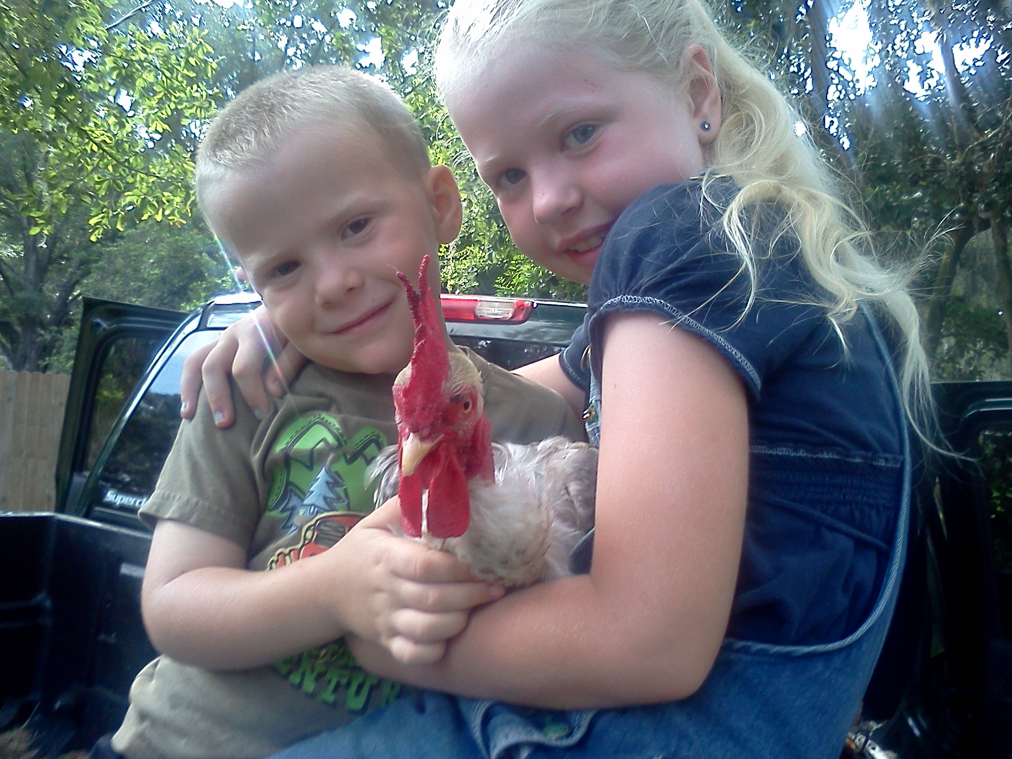 IMG_20120630_094020.jpg

Not afraid of the rooster!
I have tons of kids and chickens photos...