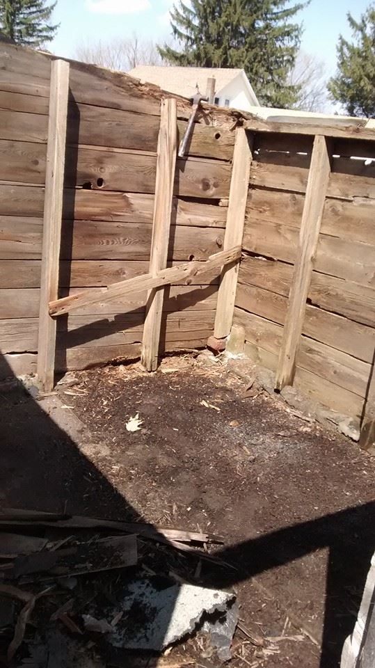 Inside of 8x8 small chicken coop with roof off. Need total rebuild. The floor is cement with years of mud layered on top. Clean up begins.
