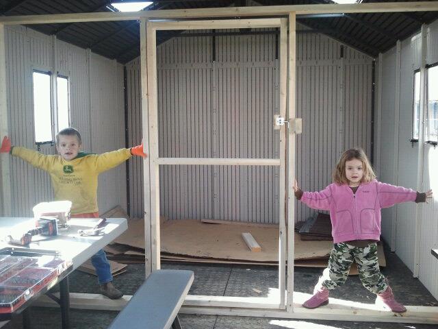 Inside of my coop with my little helpers.  I still need to put up the wire to completely separate the two halfs of the shed.