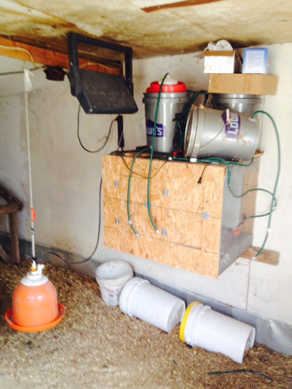 Inside of the coop before I removed all the old bedding.  The previous owner had quite the elaborate automatic watering system setup.  Not sure if I'll use it.