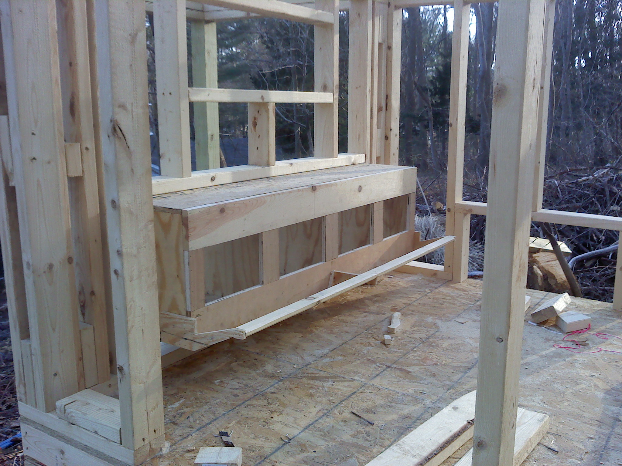 Installed 4 nest boxes. Boxes are 12" x 14" with an opening of 6" x 9".