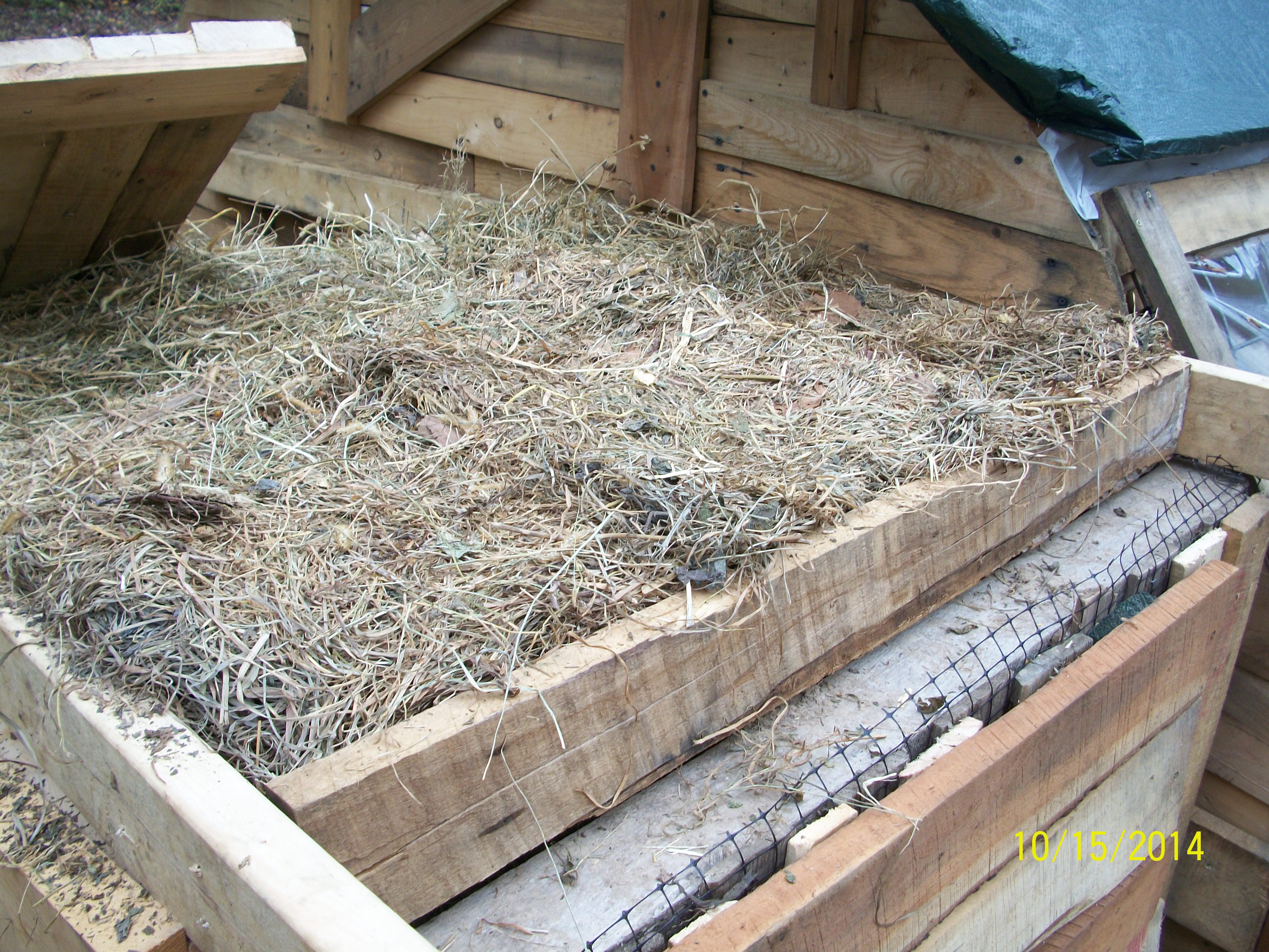 Insulating the roof of the new dog house with a layer of hay.