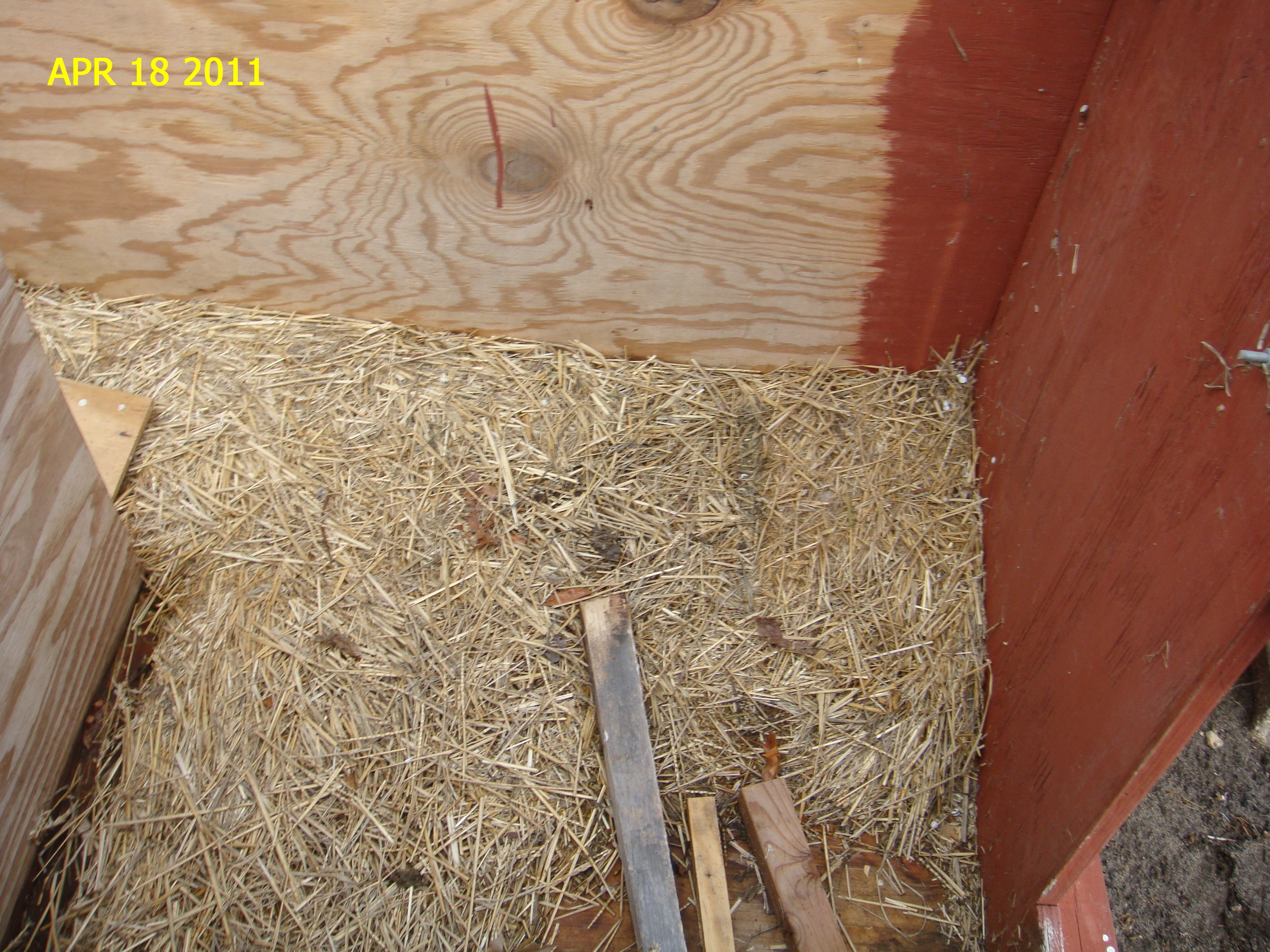 Looking down from the west side. Note part of dog door in lower rt. &wind deflector on left. date is when pict was taken and some work done.