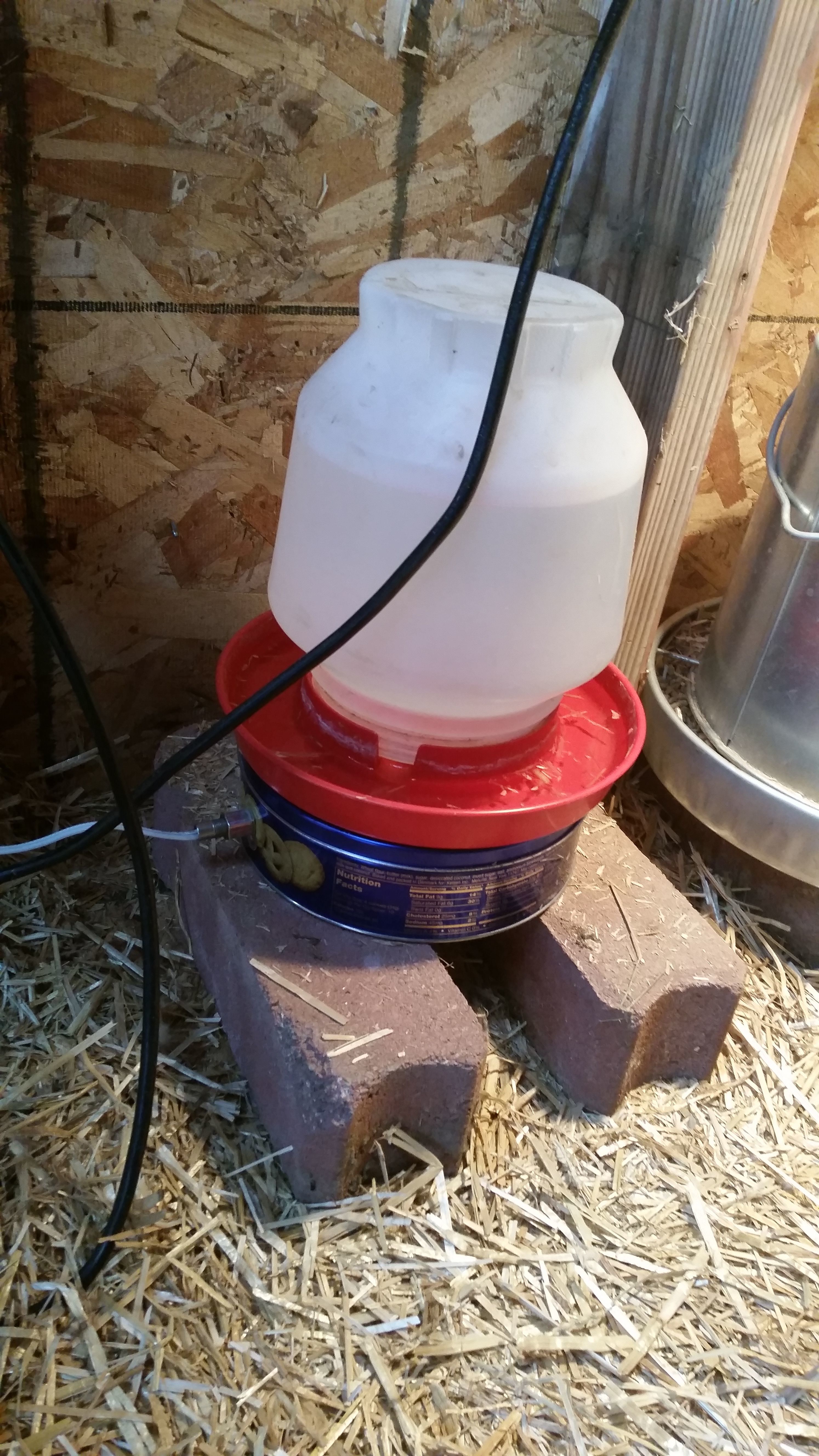 Metal tin warmer for water I just used a 15 watt bulb for the lamp socket at Walmart for $2 you can pick up the tins at a second hand store then I put a multiple Outlet that's thermostatically controlled on at 35 degrees off of 45 degrees. Available at Home Depot for less than $13