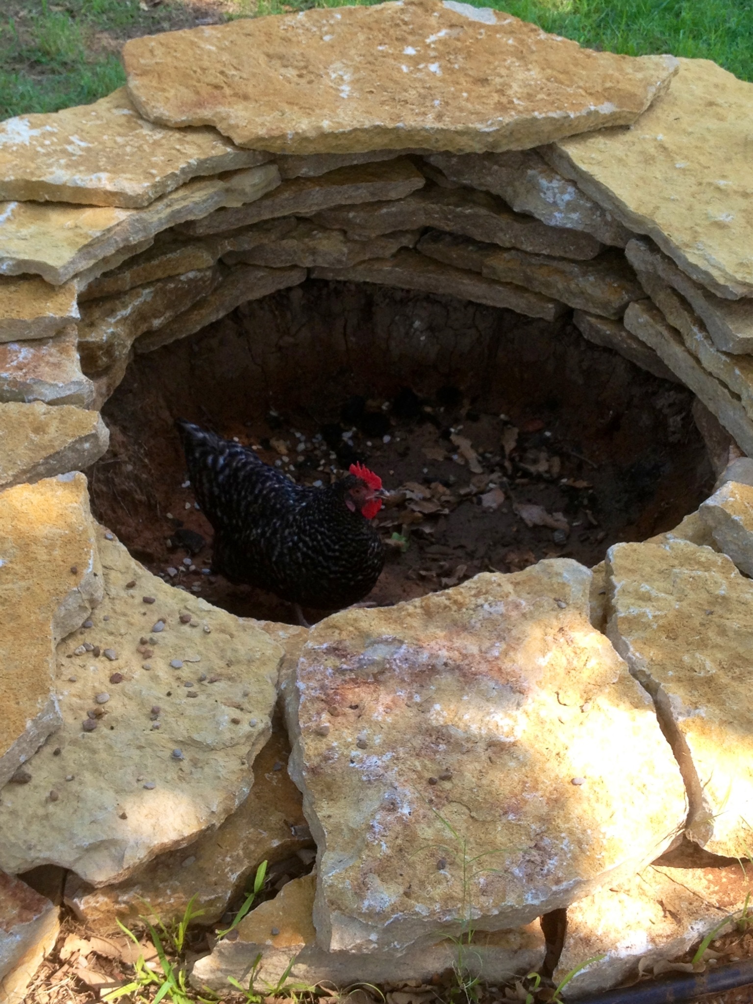 Mordi playing in the fire pit, luckily without a fire in it.