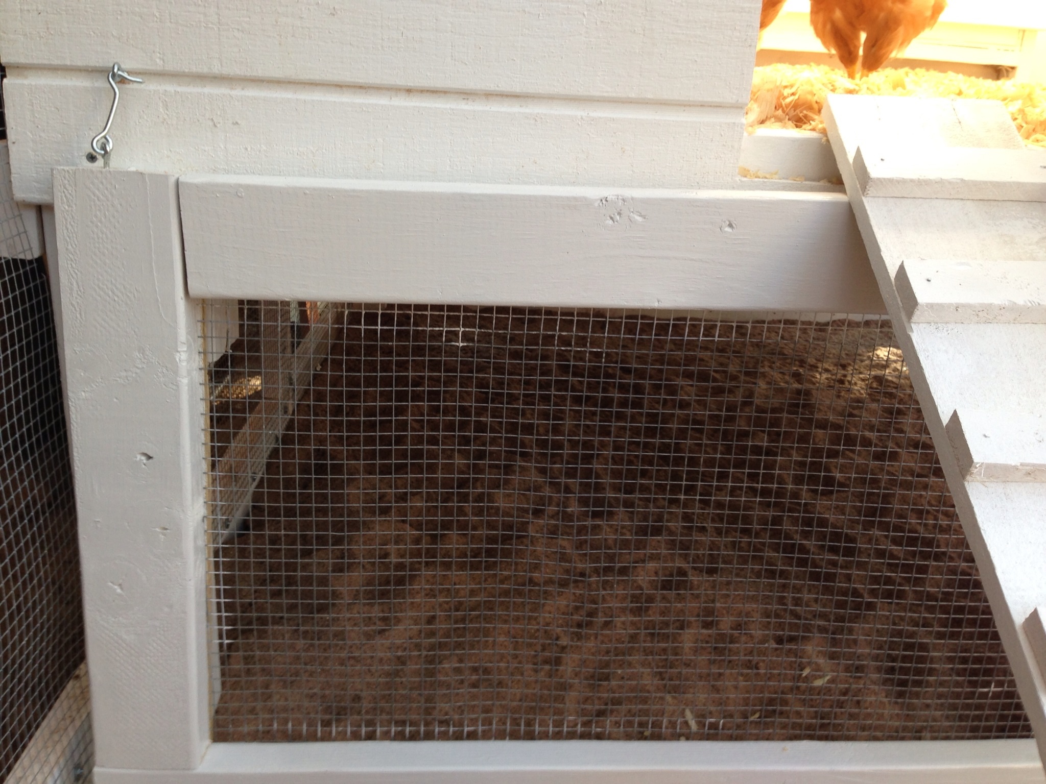 My hubby made a screened (1/2"x1/2"hardware cloth) divider so we can utilize the 6'x2' space under the henhouse to house new birds we're integrating into the flock