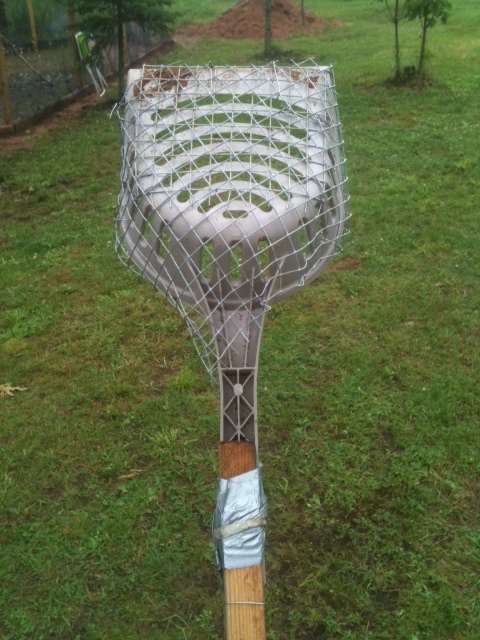 My Jimmy rigged pooper scooper for the sand coop.  Took a cat litter scooper and wired to layers of hardware cloth on it to make the holes a little smaller to sift the sand thru and keep the poop on.  Then took a long stick and duct taped it on.  Works like a charm!