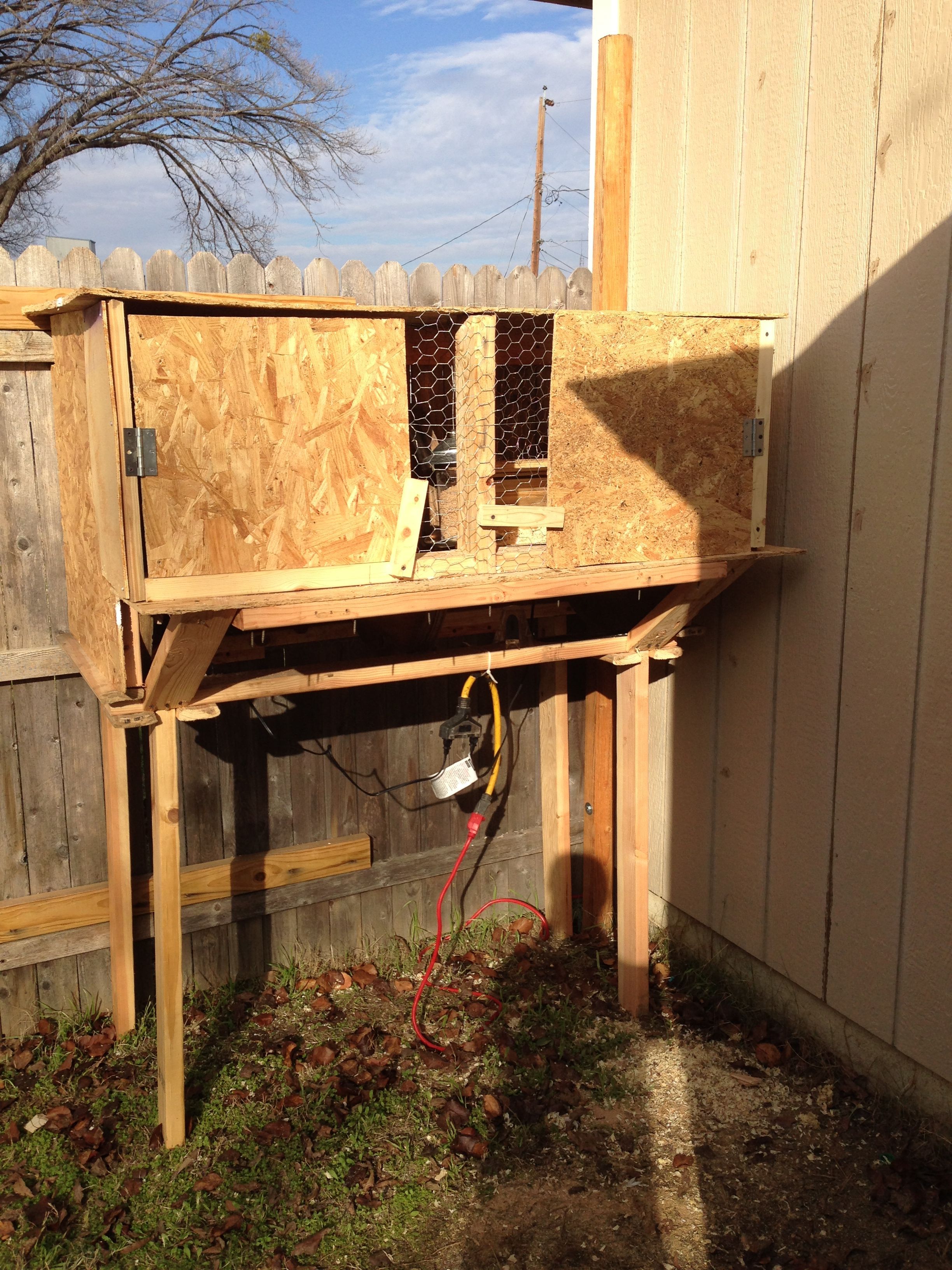 My mini Bantam coop. 10 square feet for two Silkies. Run coming soon. Coop was designed around two recycled cable spools that act as nesting box. All wood is scrap and untreated (minus the spools. lol)
