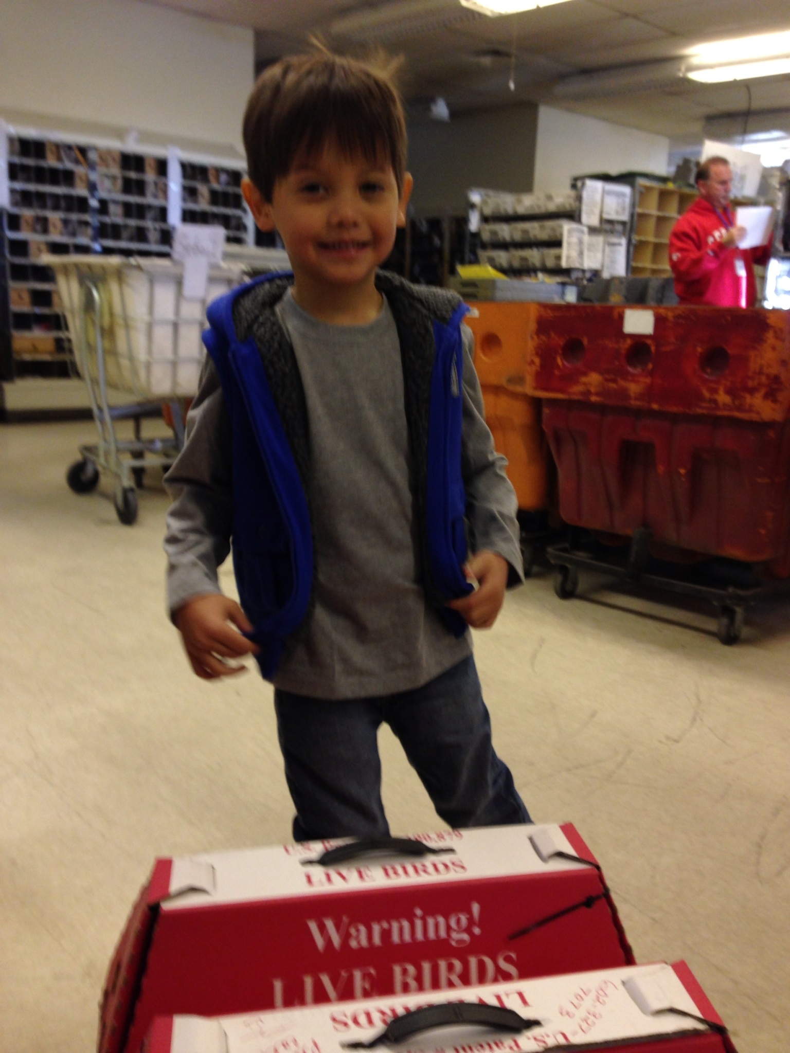 My son helping pick up birds at the post office from Lutz, Florida