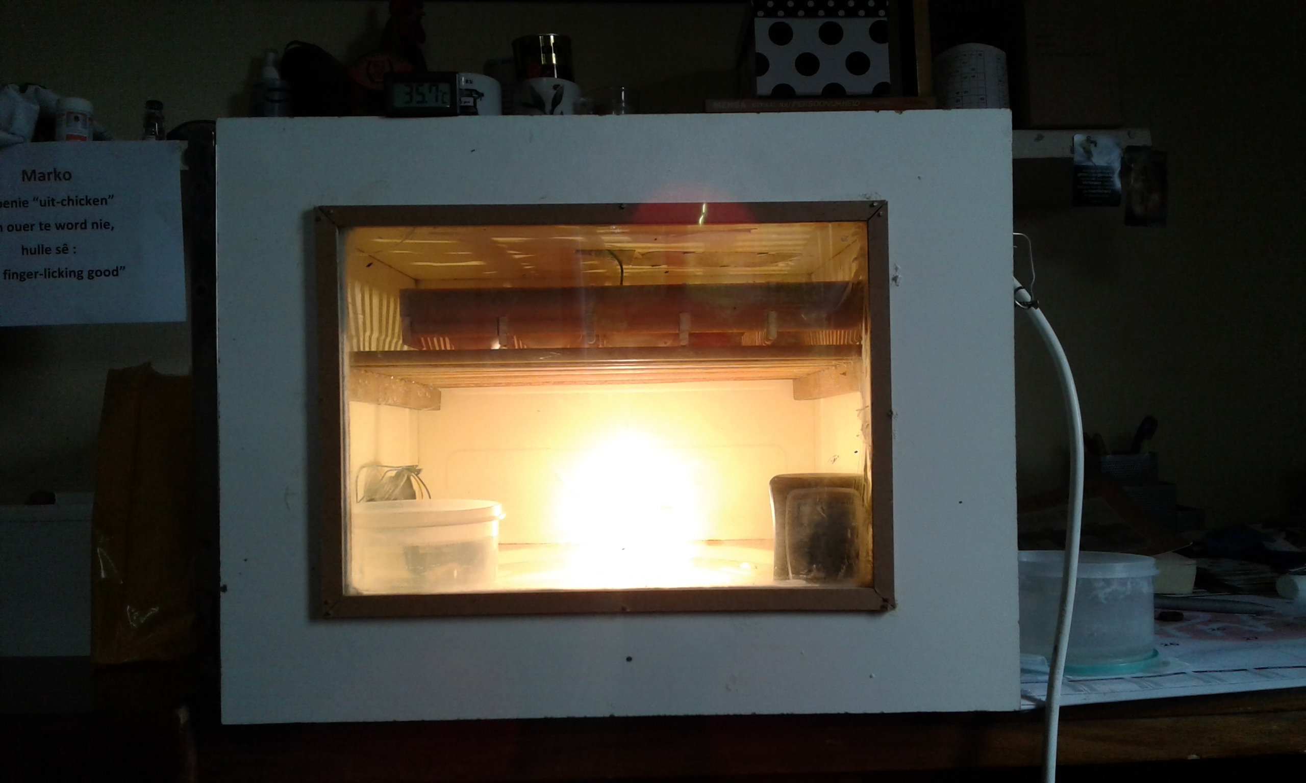 My very first home built incubator in action. It can breed up to 35 eggs. The light is connected to a dimmer switch. It uses a CPU fan. I built the egg turner myself.