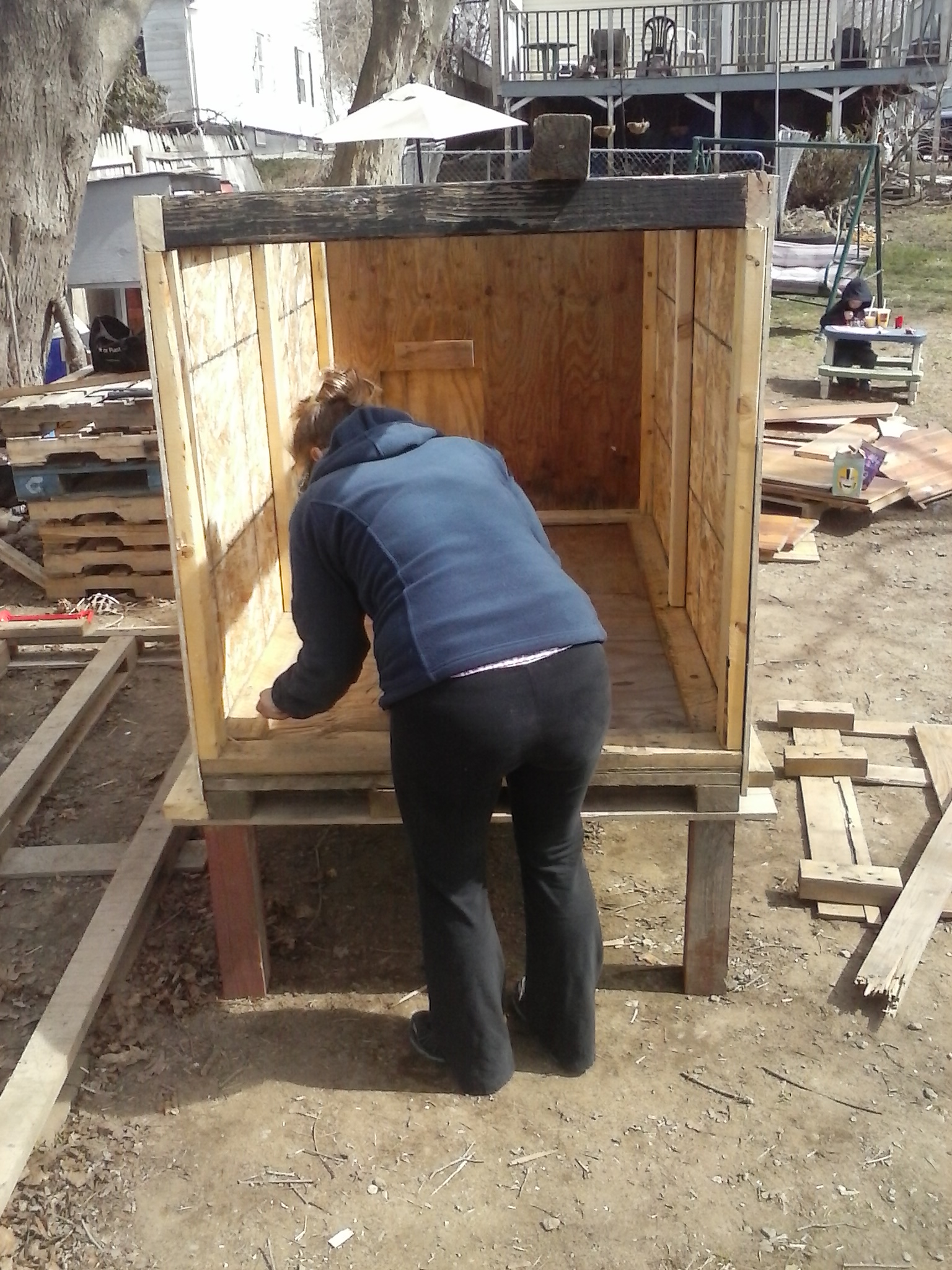 my wife helping with the coop that started from a 12 foot pallet