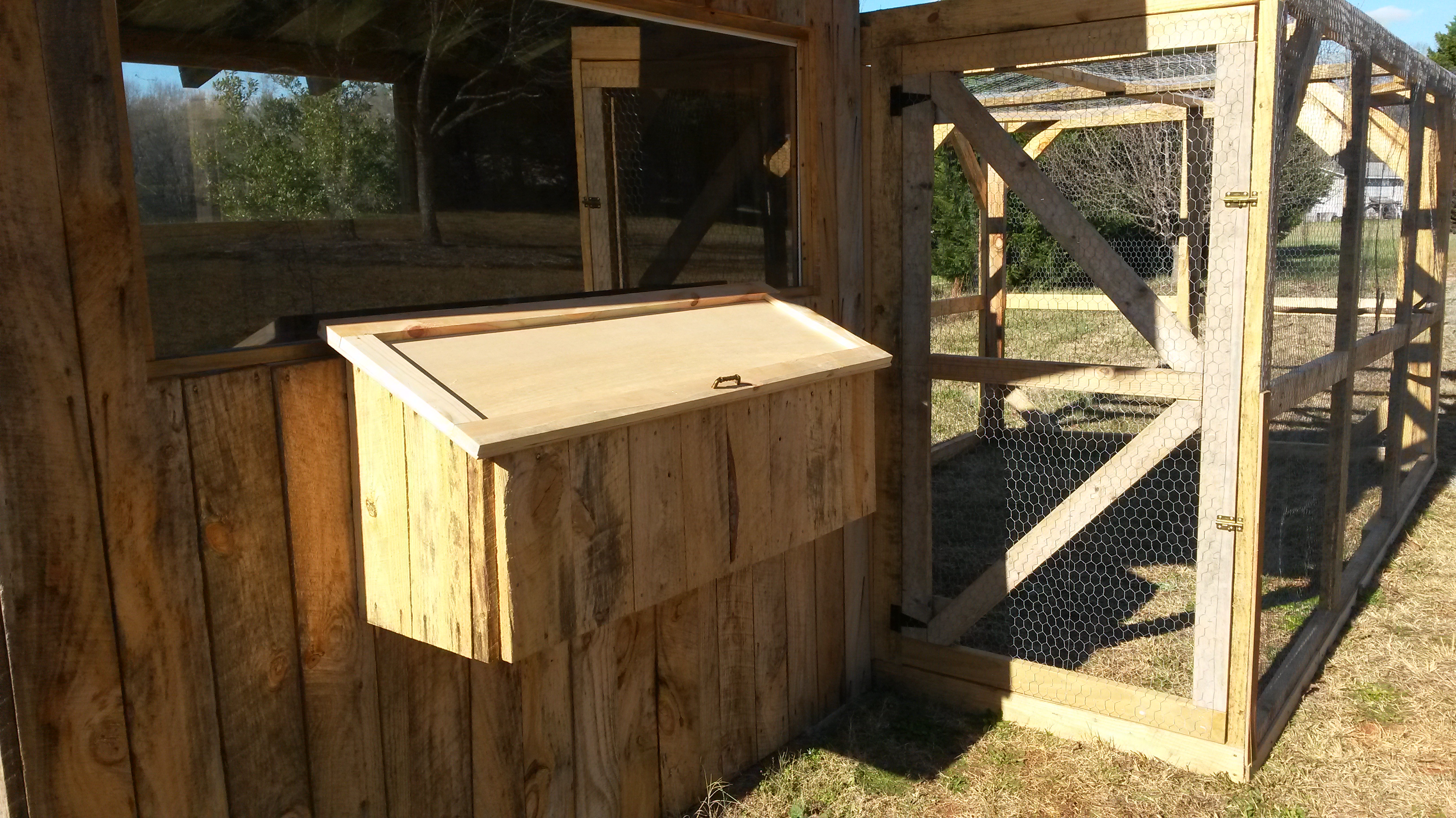 Nesting box and front of coop.