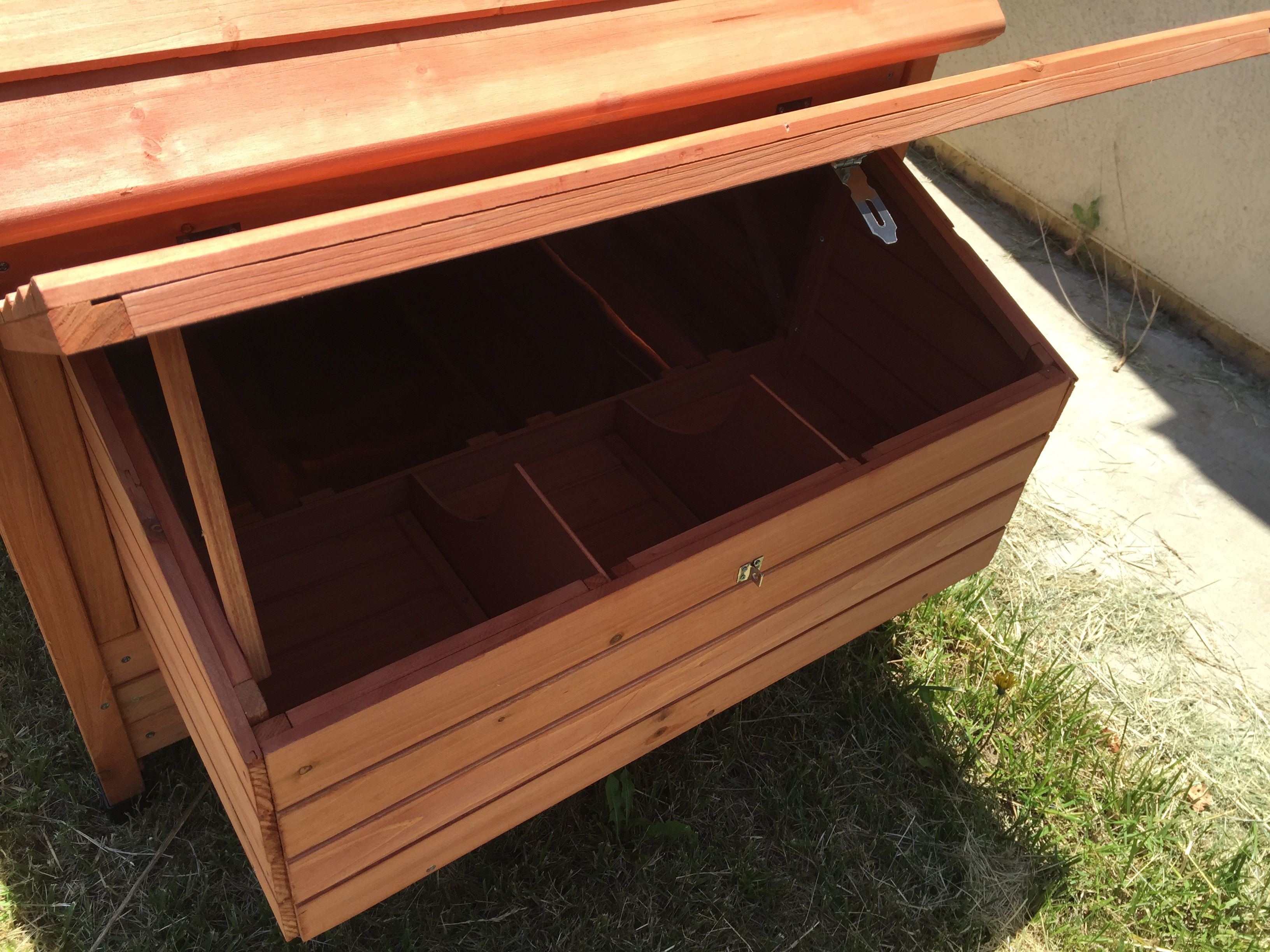Nesting boxes. 3 each side. I may modify one side for food and water on cold/rainy days.