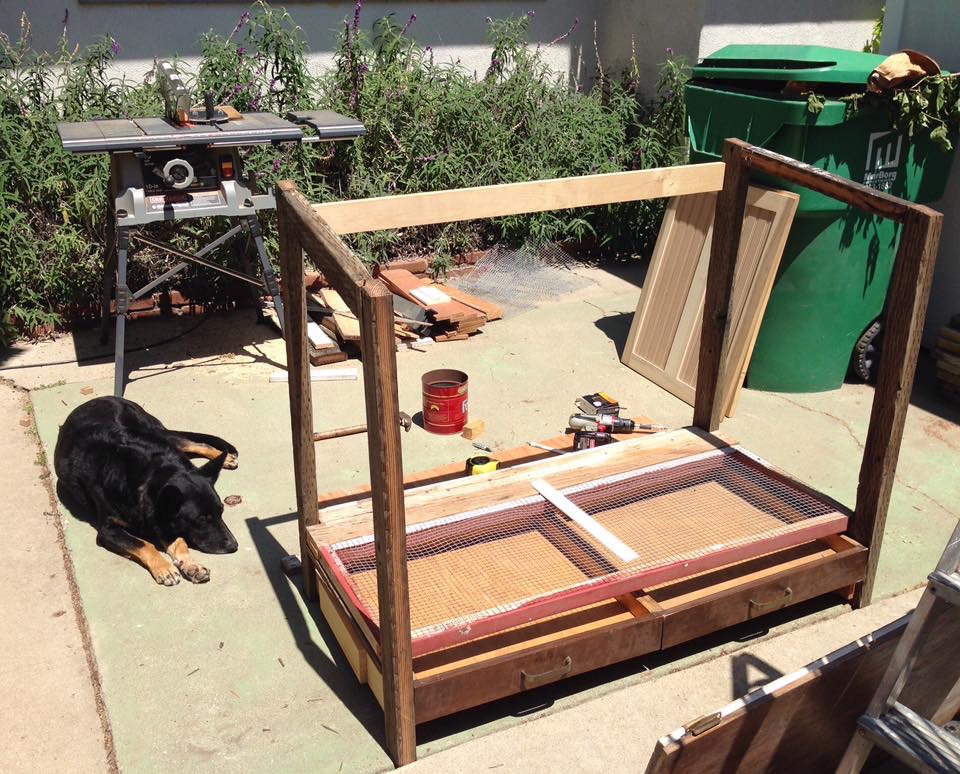 new coop construction, summer 2015. 2x4 coop. I used all Craigslist finds and freebies and leftovers. This coop is all done now, and the cost was literally about $5, mostly spent on paint.