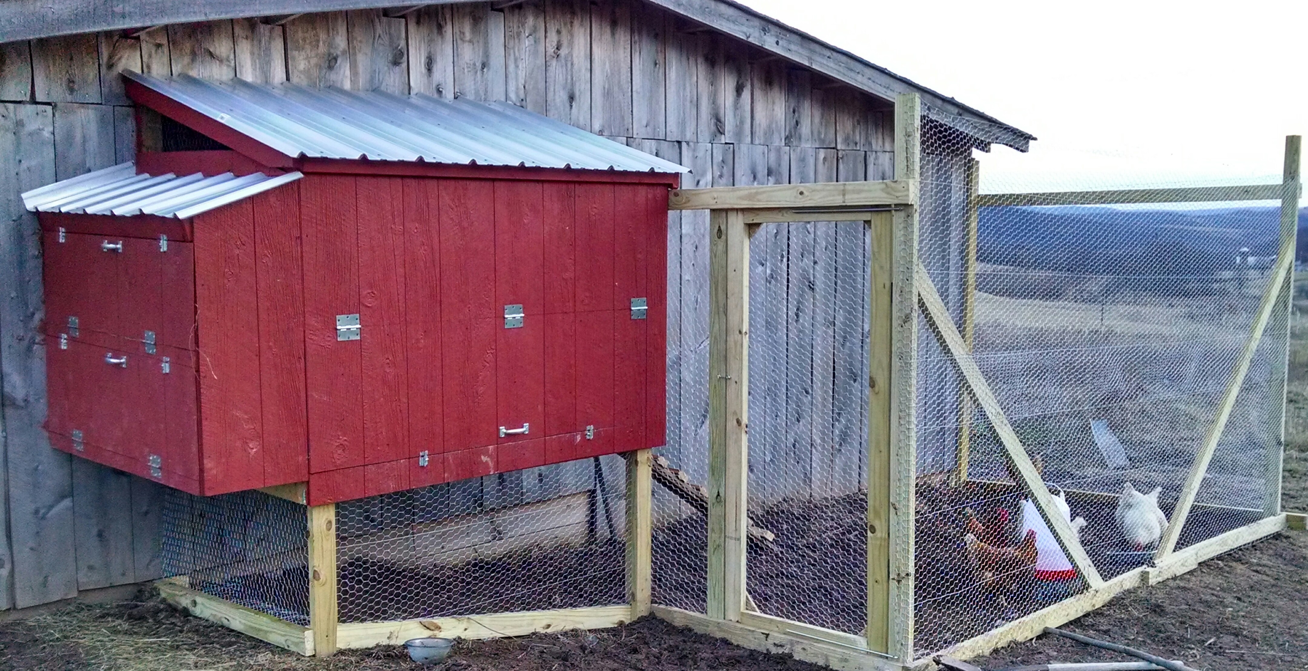 New hen house is officially complete!! Has a wide door on the side for easy cleaning. Walking in run and open run that continues under the house for the chickens.