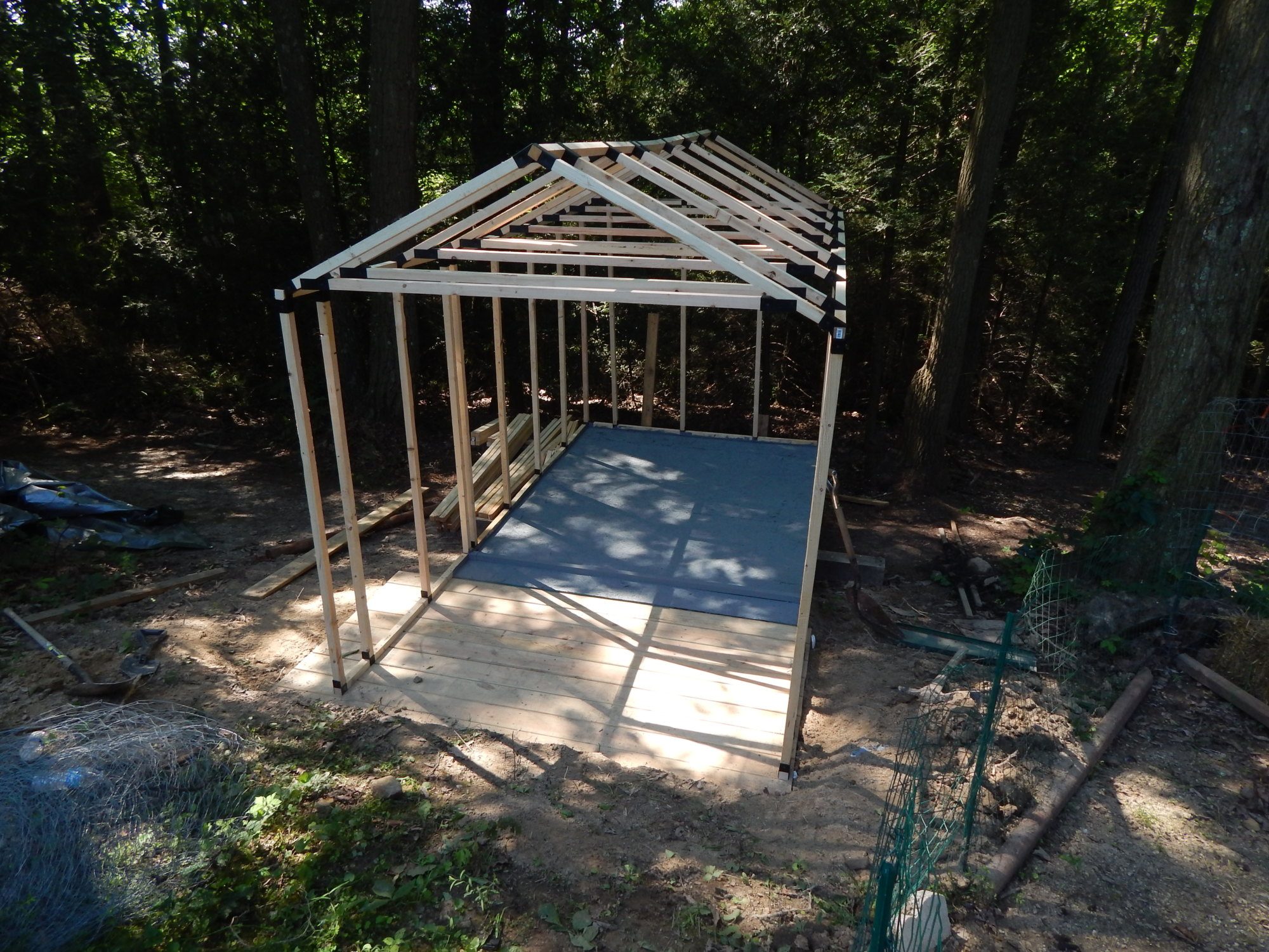 Next day spent shopping for more roofing tin and siding for the walls. Bracing the the roof to support the tin and the heat of the day set in so working outside didn't last long!