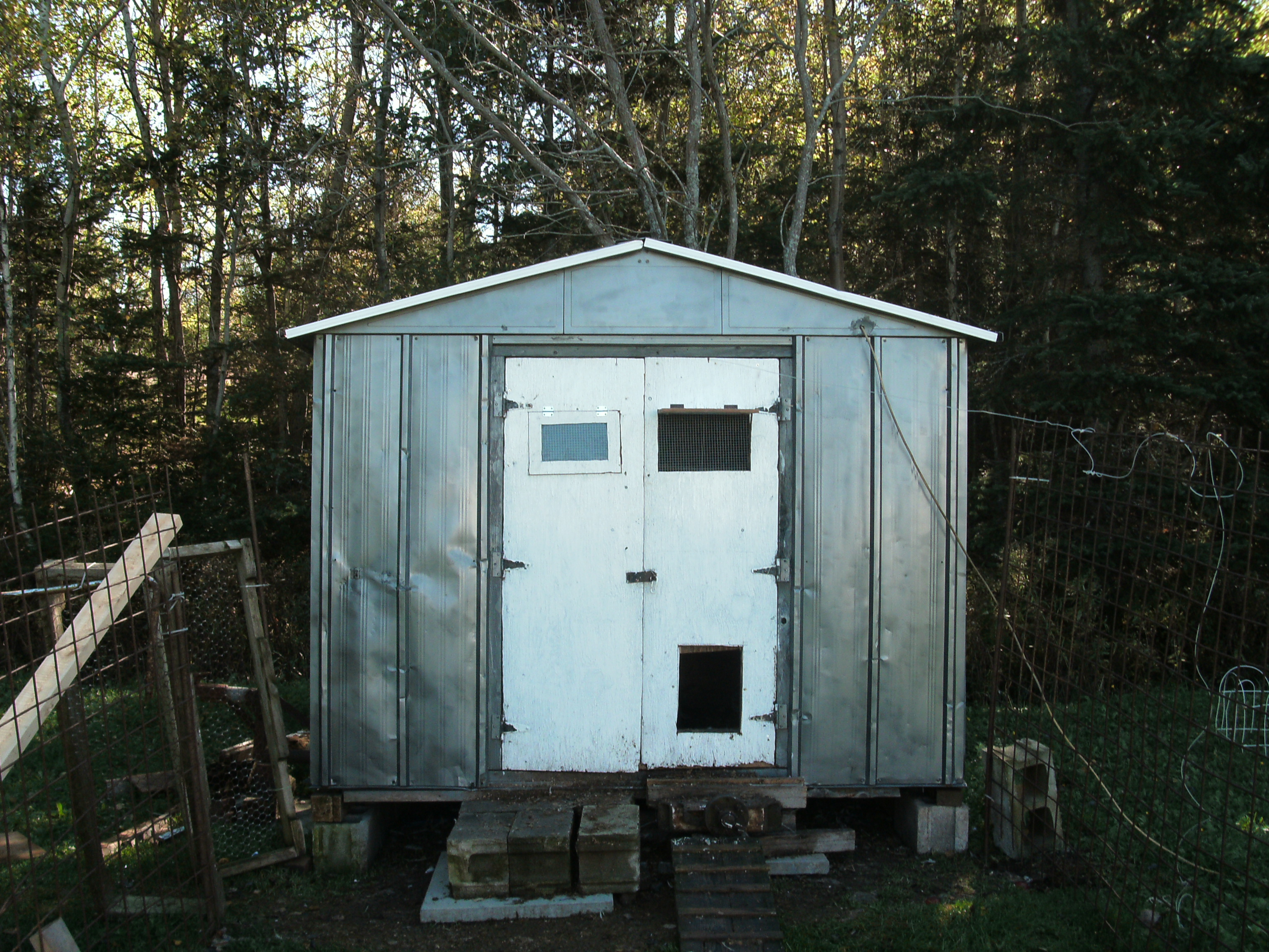 Old metal 4x8 shed I salvaged, painted, put wooden doors on, insulated and converted into chicken coop. Still a work in progress. It was basically a box kite when I drug it home.