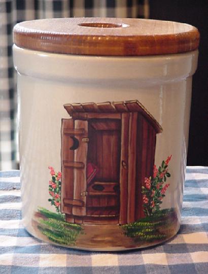 One of my toilet brush crocks featuring an appropriate outhouse...lol.