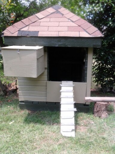 Our chicken's home....I can actually stand up in the middle when inside. The hen has 9 eggs to date5/14/12.....still a work in progress..