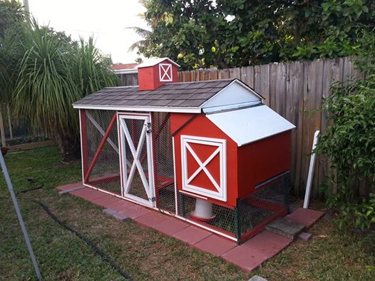 Our girls' coop we built from a salvaged rabbit hut.  It's called  "The Cluckin' Mansion!".