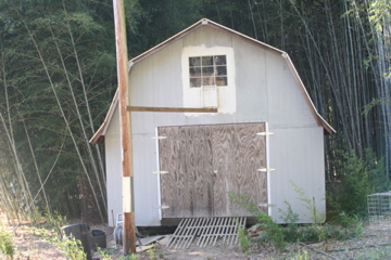 Outside of barn with guinea loft.  There is a door that flaps down and rests on the 2 x 4 perch that is attached to a power pole.  There is sheet metal attached to the pole to prevent predators from climbing to the perch.  The perch is about 8' off the ground.