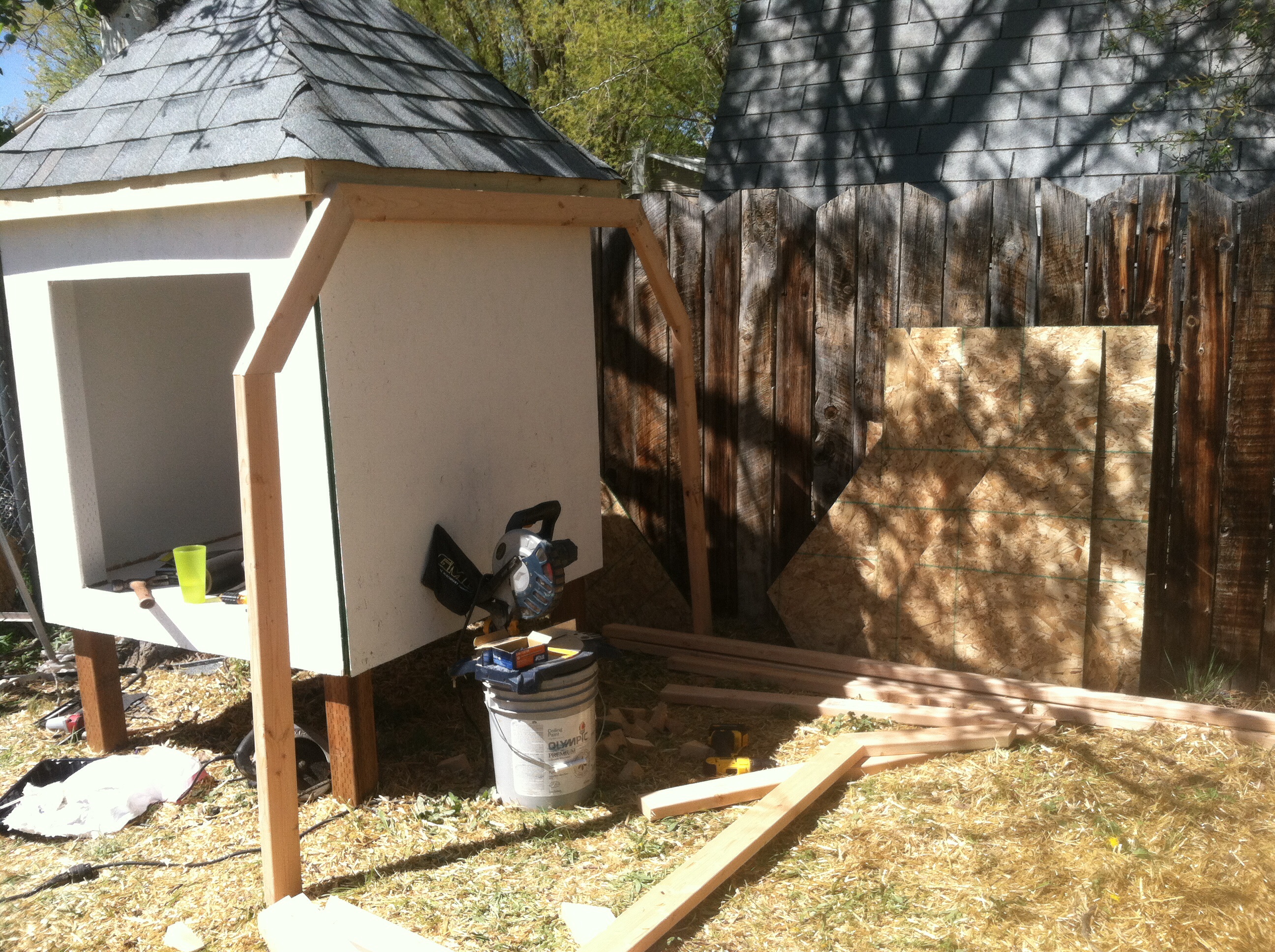 Painted sides and roof shingles except edge and top caps and run started.