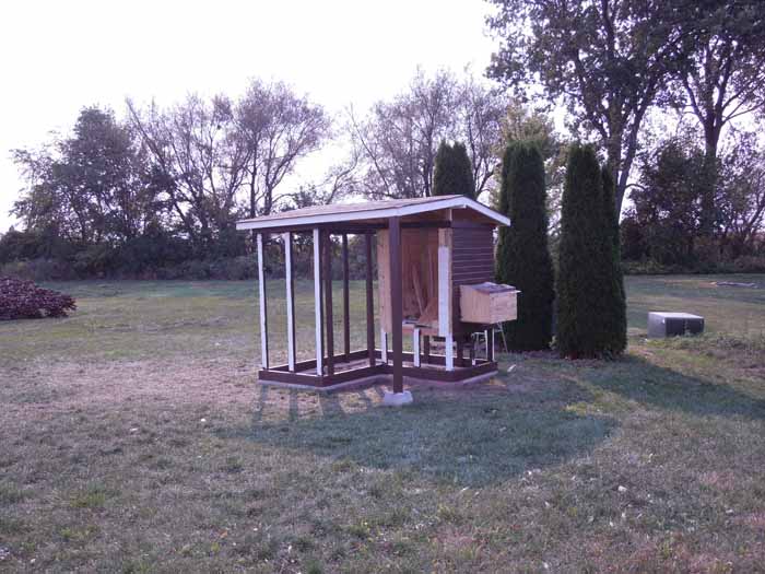 Painting started, nesting box built. The paint used was one of my best bargains, Dutch Boy satin exterior in the color we wanted, found at Menards in the bargain area for....$5!!! Was over $35 originally.