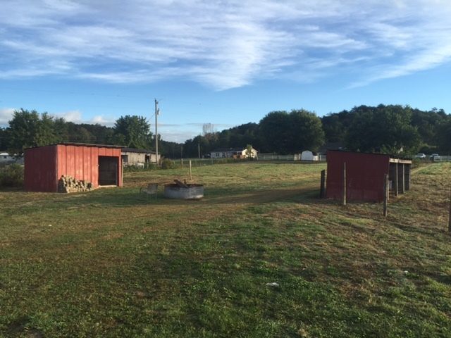 Picture showing both buildings located in front of the barn prior to any construction. The building to the right is now a pig pen.