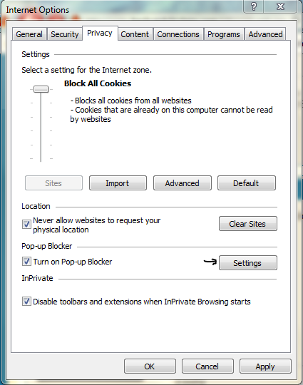 Pop up blocker step 1