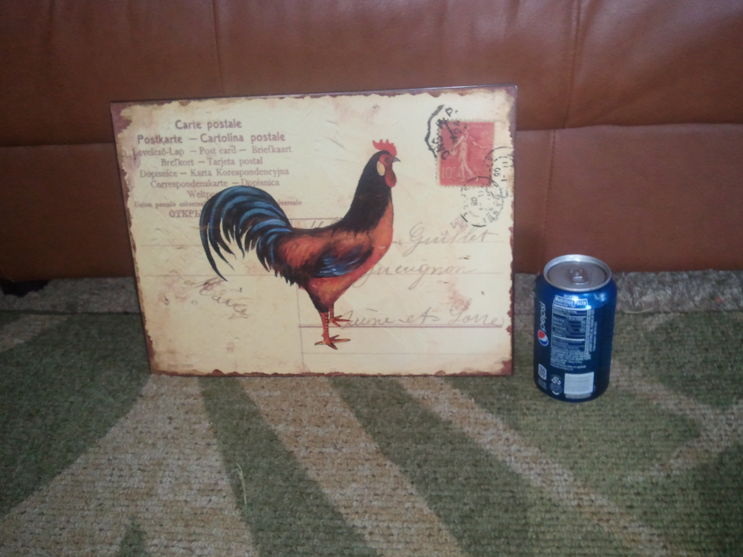 Postcard metal rooster sign