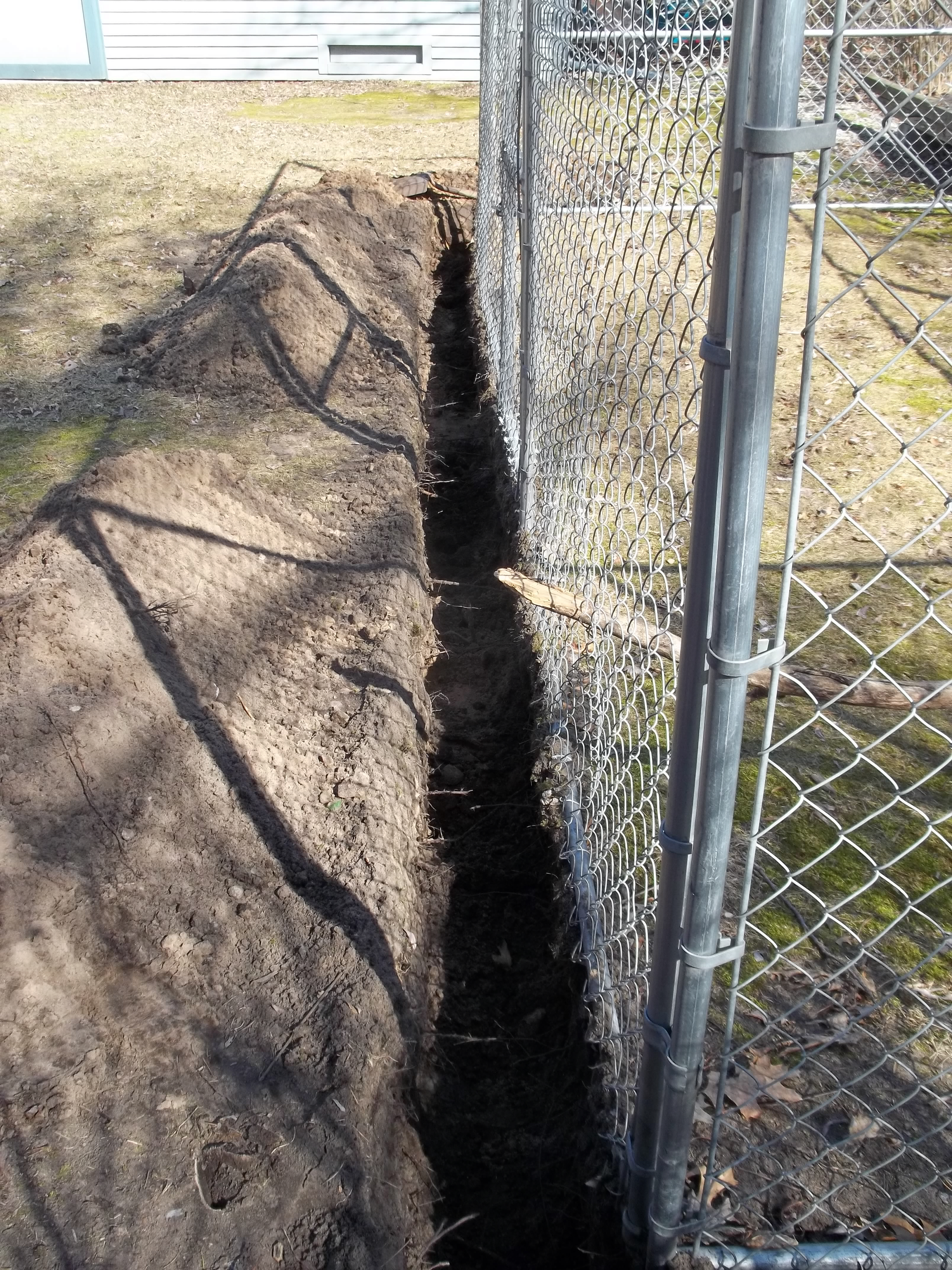 Predator proofing: I found as 10'X20' X6' chain link dog kennel on Craig's list for a decent price. After setting it up I dug a 12" deep trench around the perimeter. Using 24" chicken/poultry wire, I buried 12" and secured the other 12" to the chain link. I partially filled the trench with rock from the garden, then back filled with dirt. I had some flat stone from an old neglected flower border that I used to border the run and create a entry walk/path. The final security was adding old used 2"X4"X4' wire garden fence I had to cover the top. I had a few 10' lengths of conduit laying around, so I used it to arch some of the overhead fence to make more room for me to maneuver while cleaning. All in all it seems pretty darn secure. All of the years I have been here and have never seen a stray dog roaming, and just this past week there were three instances where neighbors were chasing their run-away dogs through my yard. I'm glad I took the time to make the girls secure.