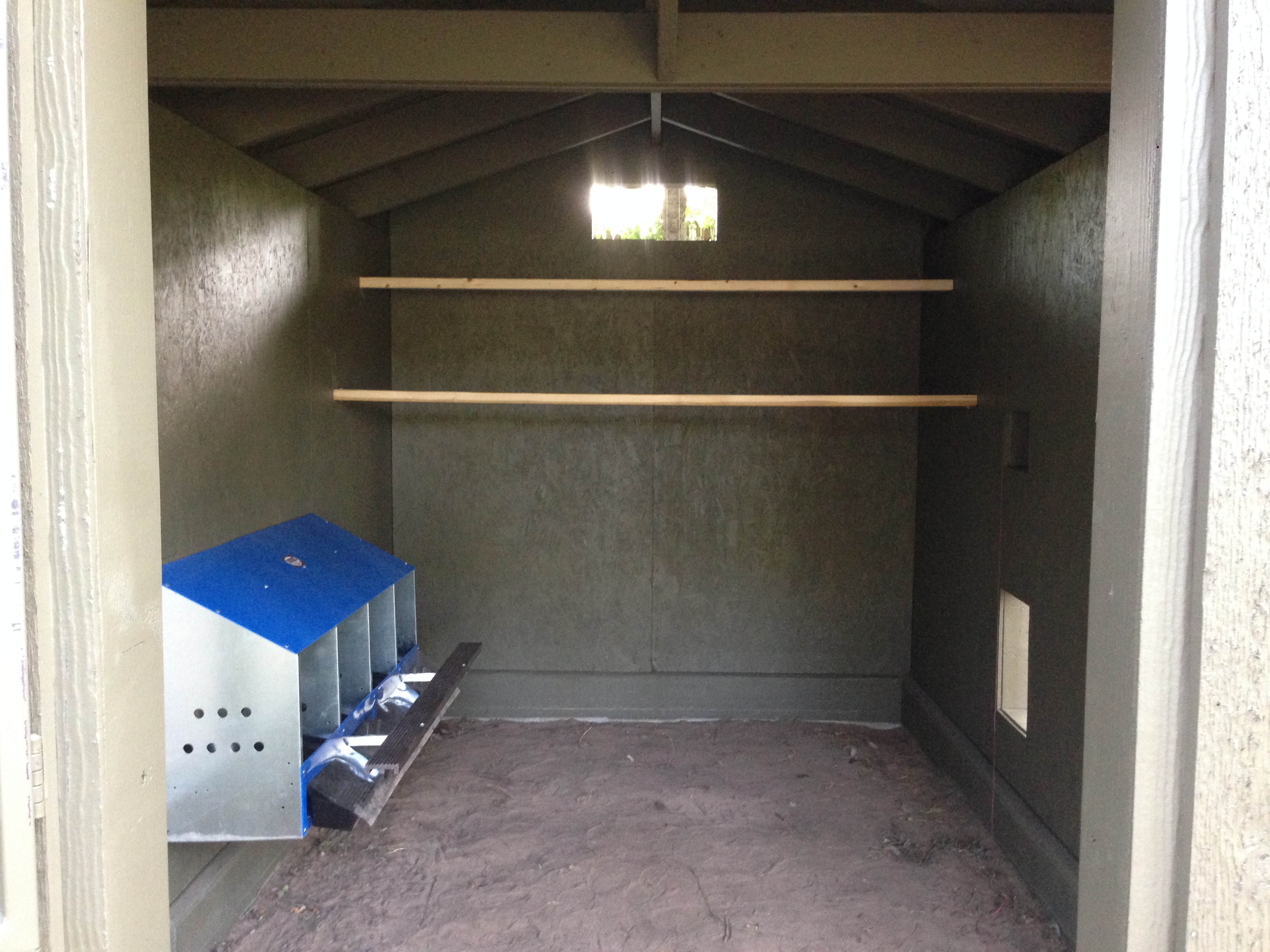 Putting up Roosting bars, just missing the ladders and the automatic chicken door!  Then comes the pine shaving, nest box pads and food and water!!!