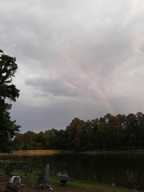 Rainbow over the lake in front of my house!