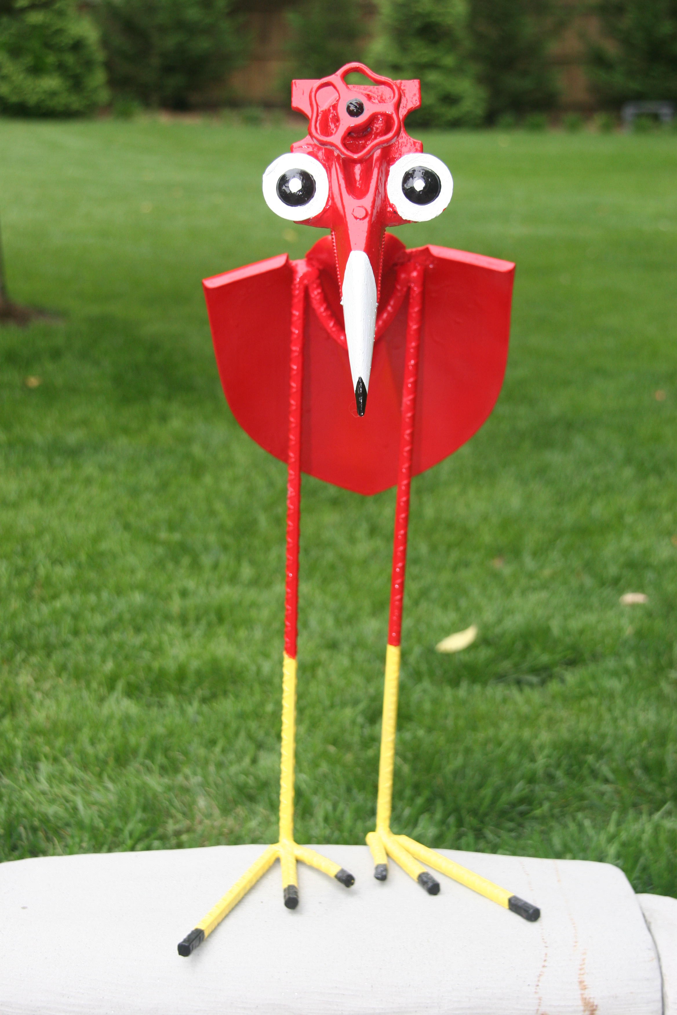 Red Bird, Up cycled from shovel, rake, rebar, bolt, washers, facet knob and a farm plow part.
