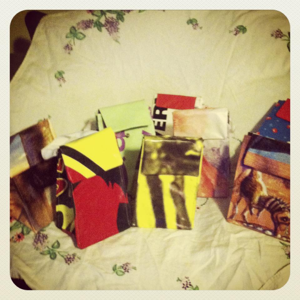 Repurposed vinyl event banner lunch totes with magnetic closure $7 each