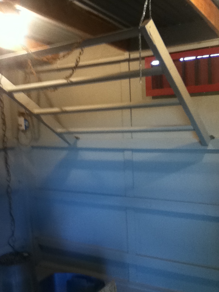 Roosts that will raise and lower (raised to the ceiling now because chicks are in a smaller coop underneath (a dear dad design!)