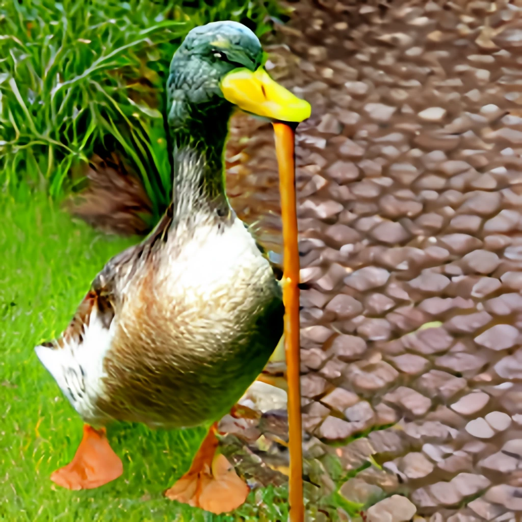 runner drake with walking stick in a garden dali style