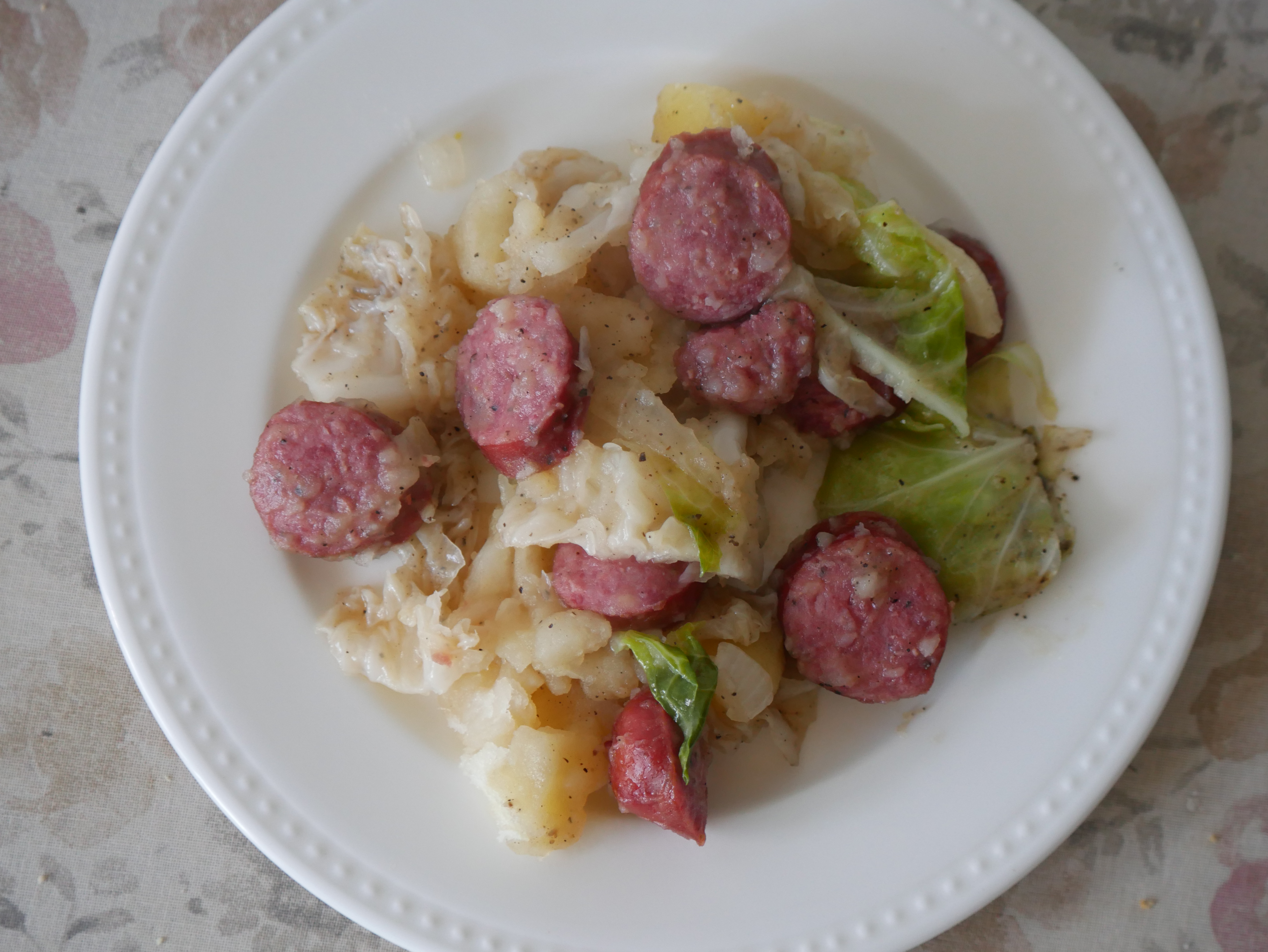 Sausage with onions, potatoes and home grown cabbage