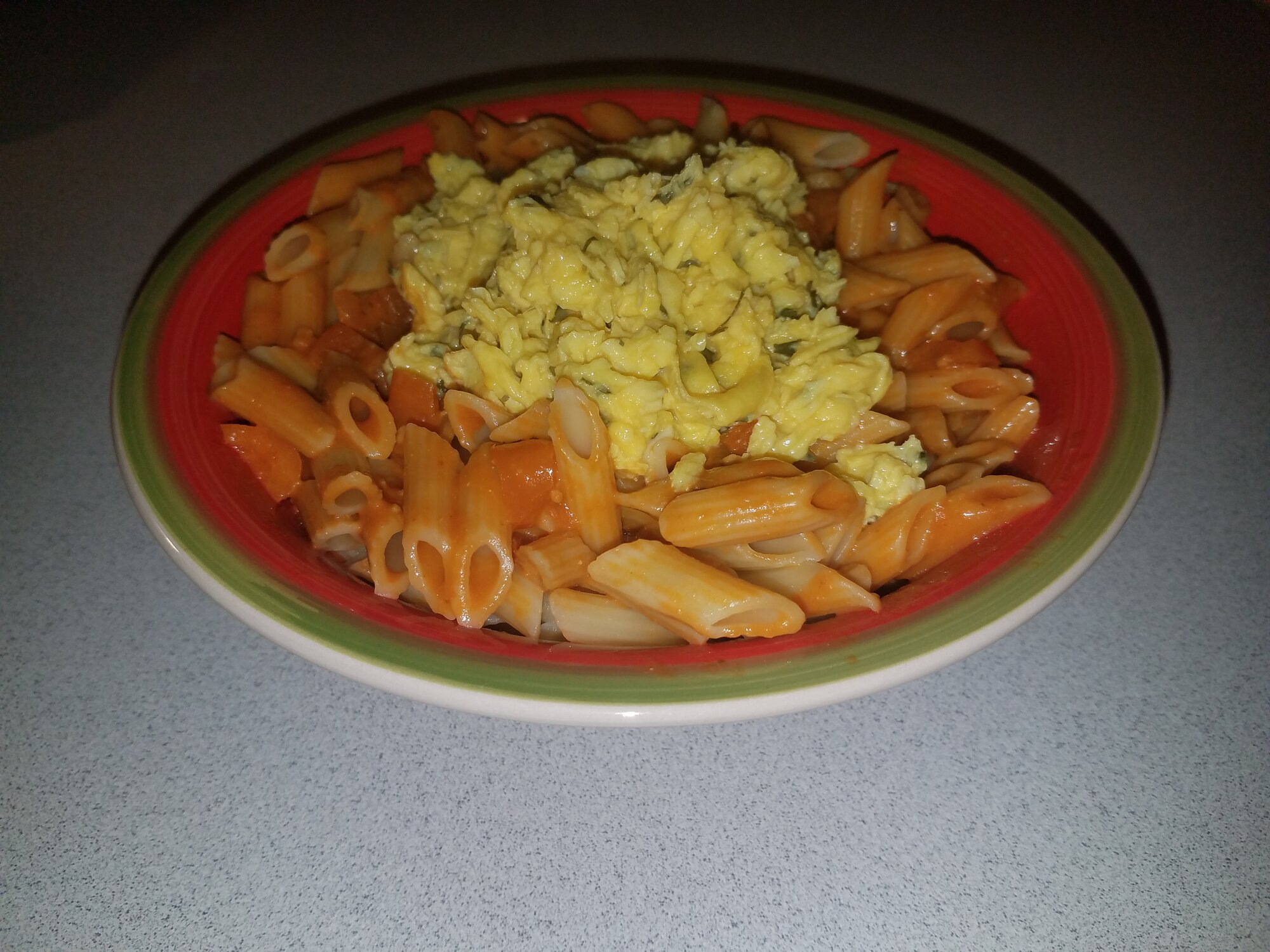 Simple but yummy: Pasta with tomato sauce and scrambled Duck eggs