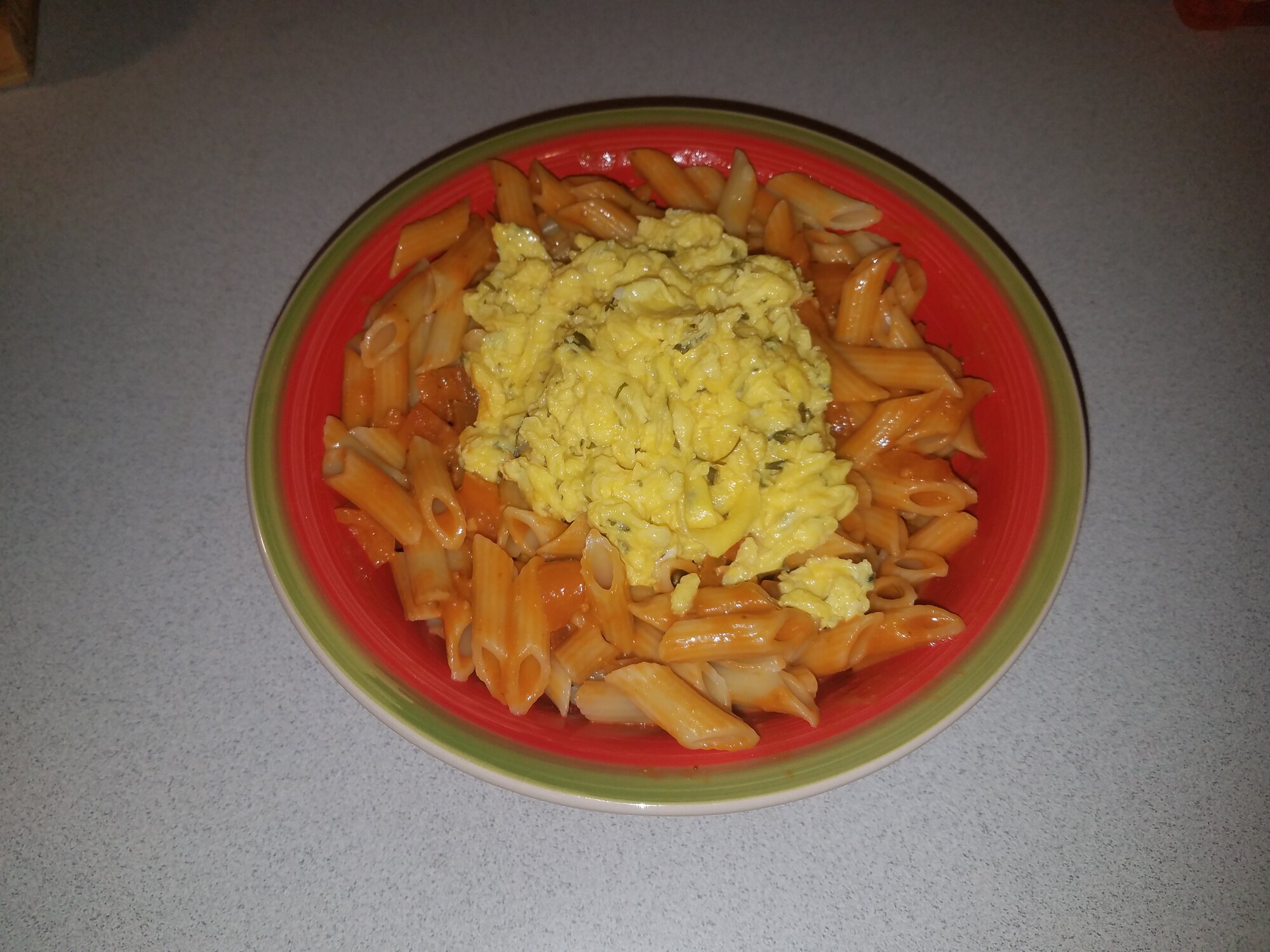 Simple but yummy: Pasta with tomato sauce and scrambled Duck eggs