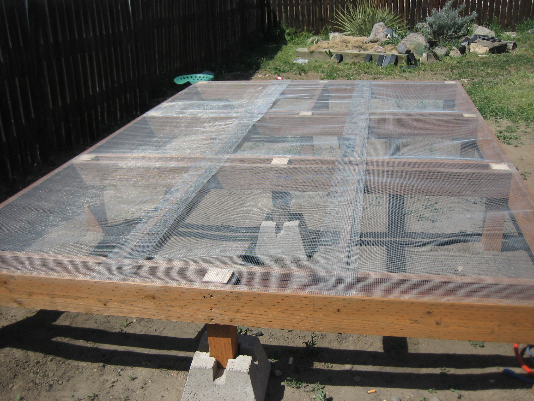 Since we do not have very much shade, we decided to start our Chicken Shack as we would a deck allowing enough space underneath for chicks to have a place to hang out in the shade.  We started with treated 4x4's and 2x6's.  Then covered the frame with hardware cloth.  The bottom of the frame will be covered in hardware cloth that is buried to make it predator proof.