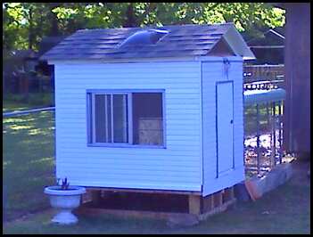 Sky lights and windows were donated by friend.
Vinal siding and shingles left over from job site.