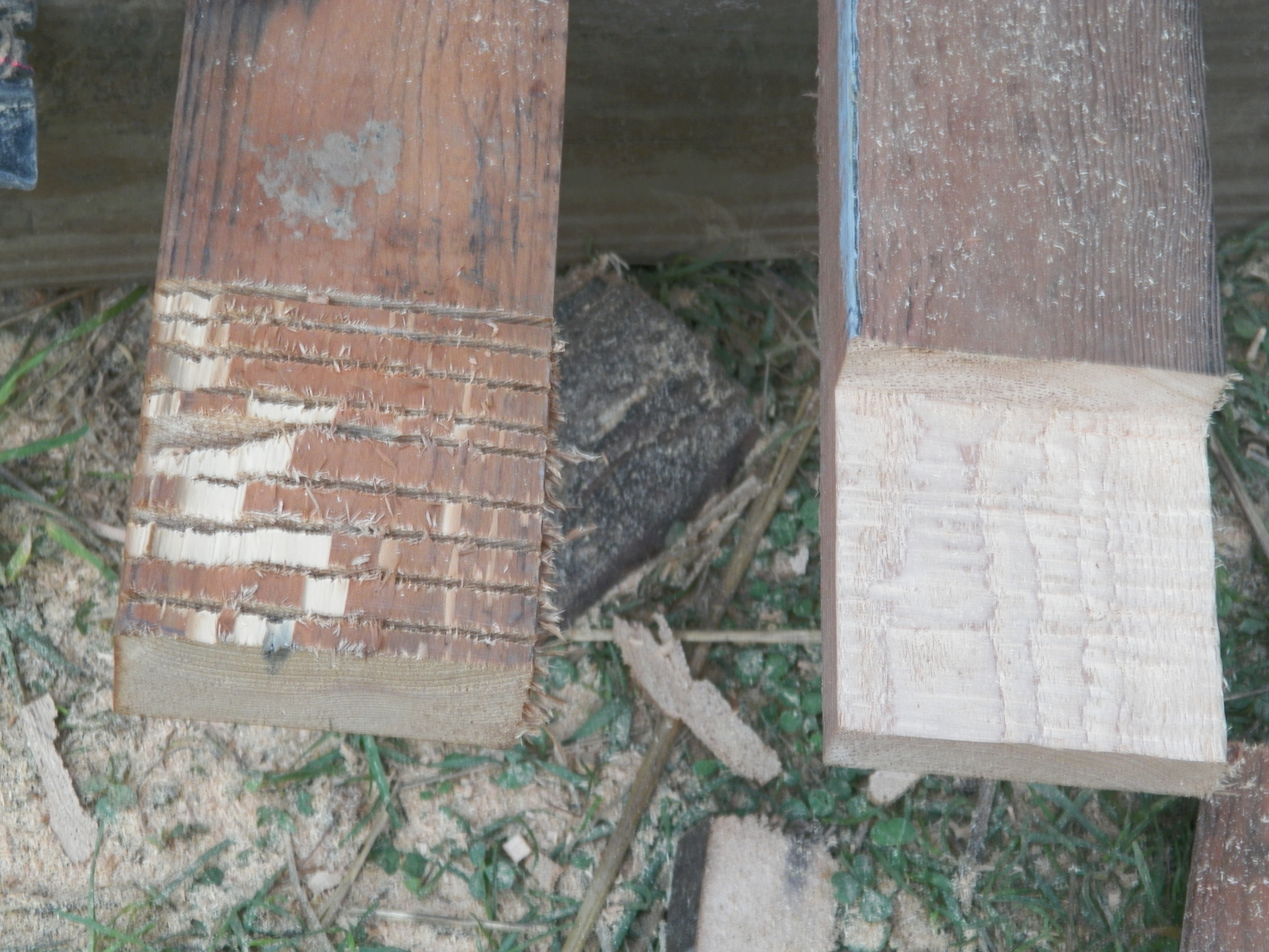 Start by cutting a number of "kerfs" with your saw. The end result you are aiming for is on the right. Set your saw depth to half the thickness of the lumber.