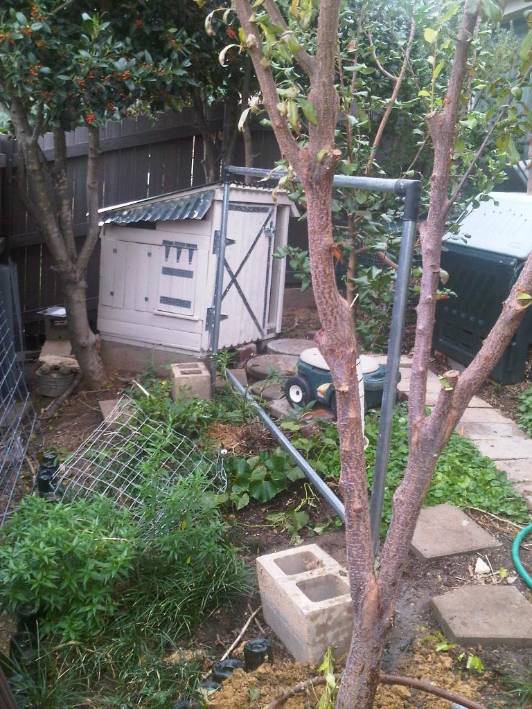 Start of the coop run. I cemented the two poles in the ground.