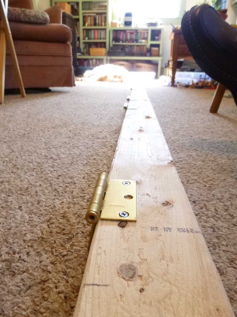 Step 18: Screw hinges on top frame board on living room floor while eating lunch