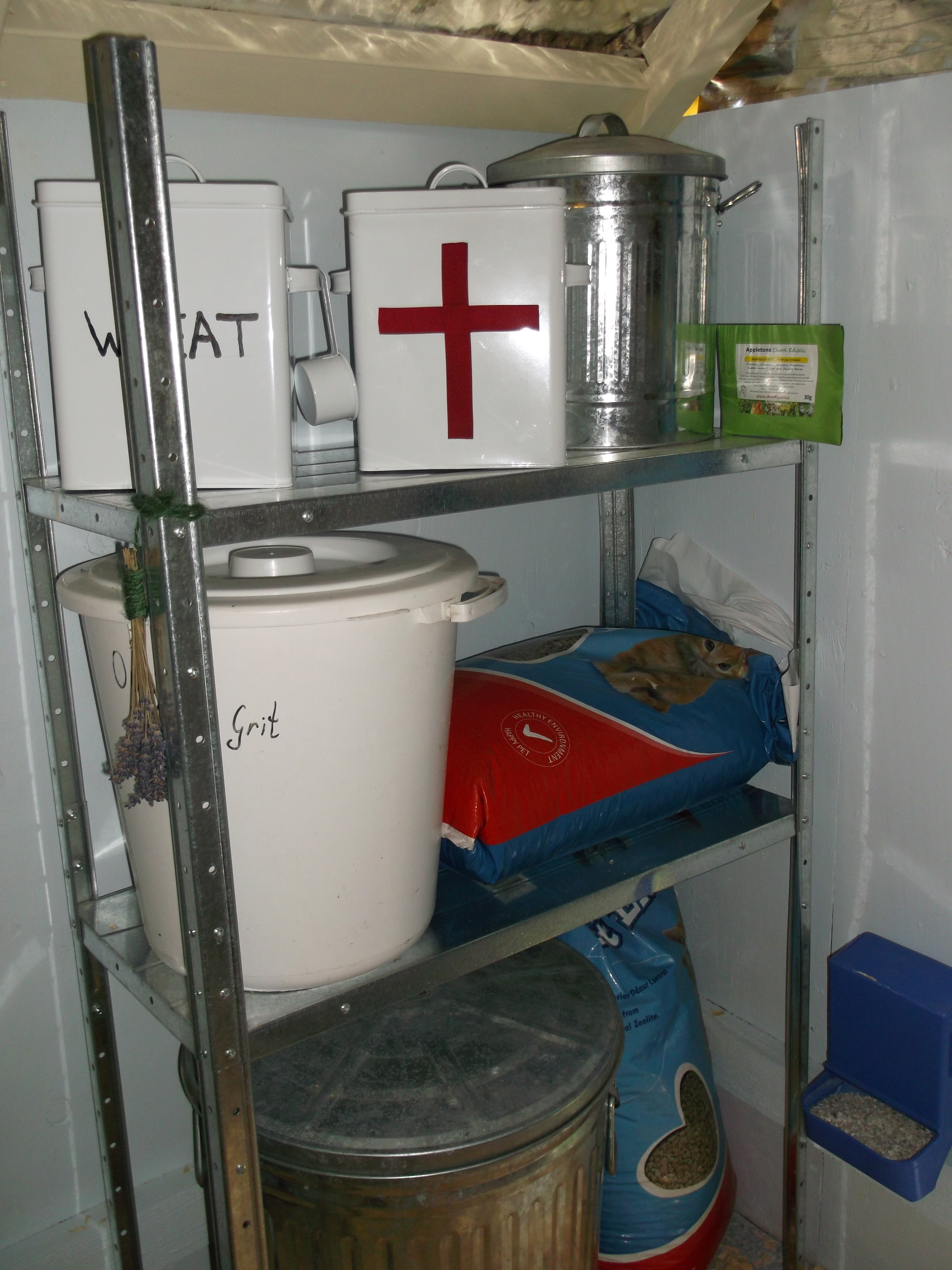storage shelves in coop.