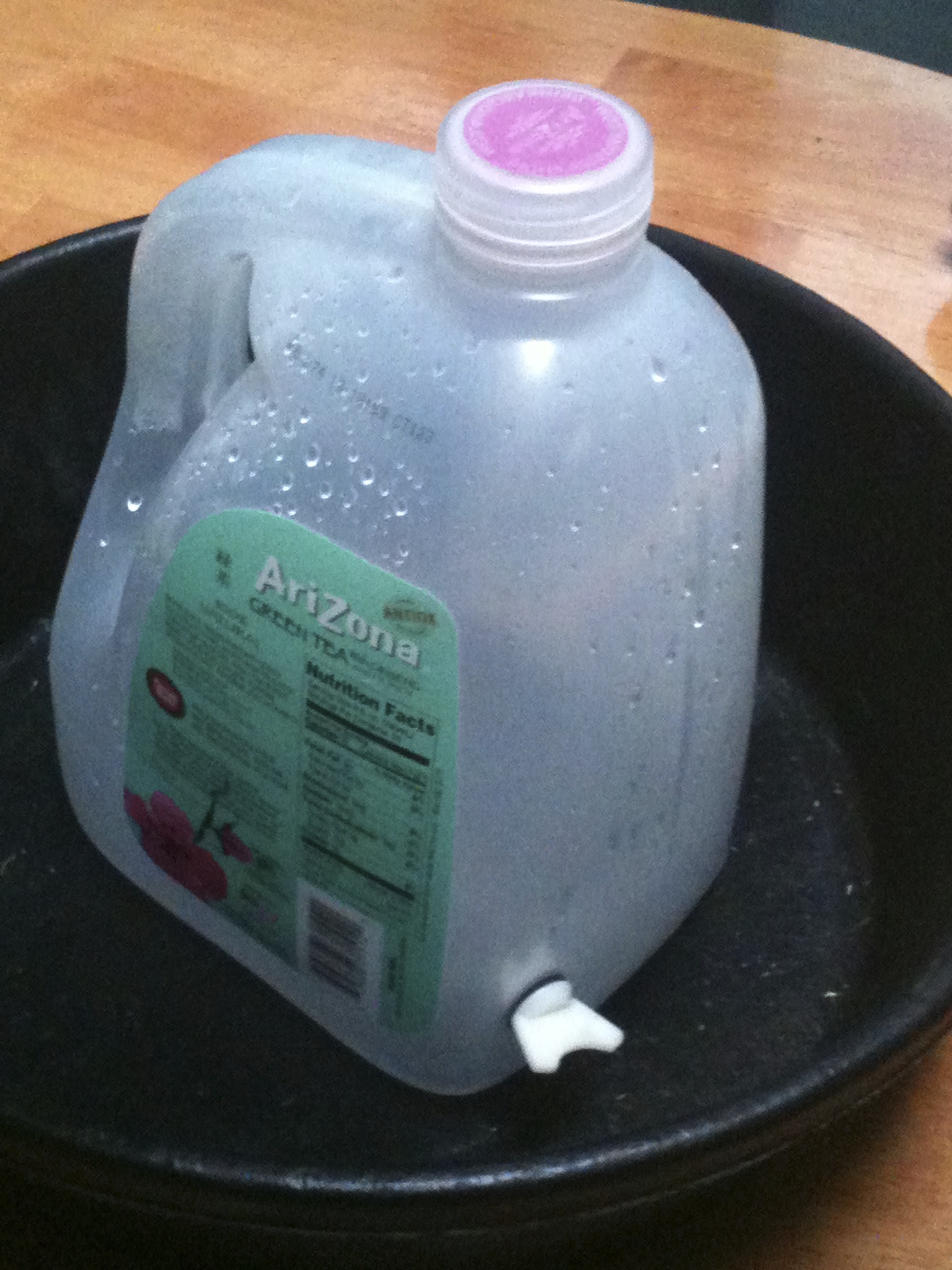 Take it out to the run. minimal dripping. knock ice out of the rubber pan, put in the jug, unscrew the plug. Fills to the top of the hole.