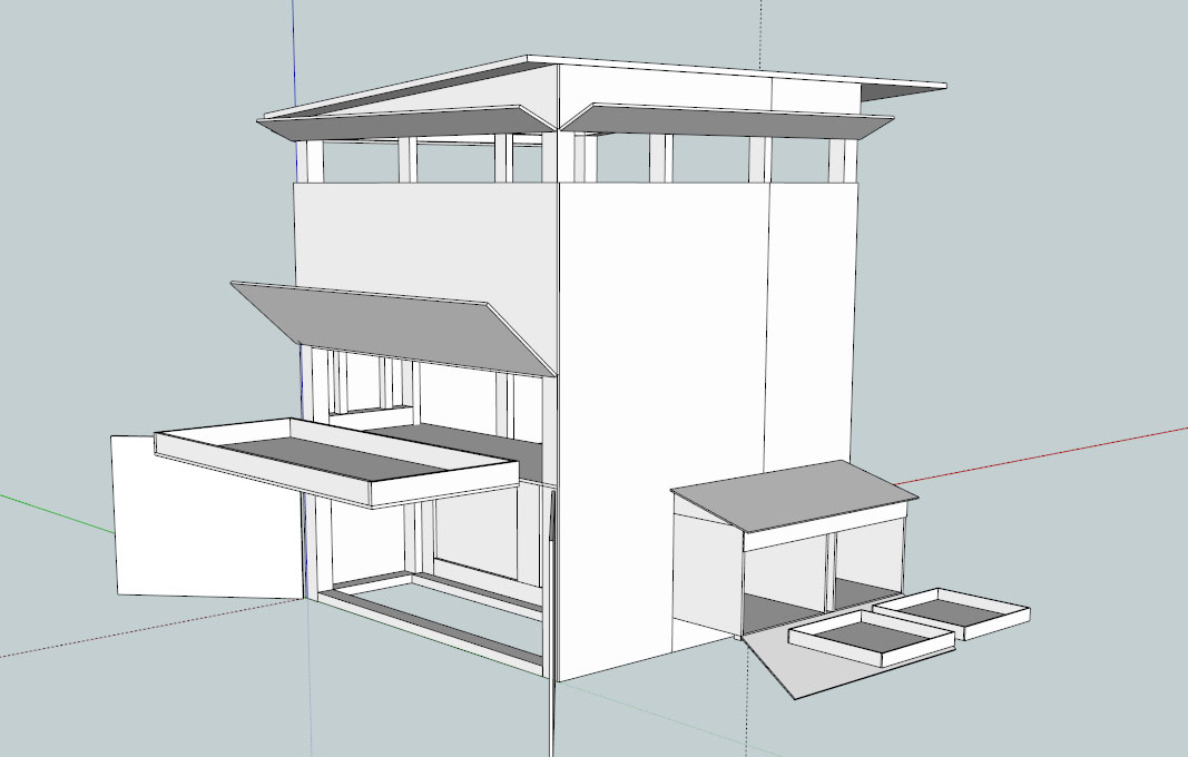 The back of the coop opens to allow the poop tray to be slid out and the cabinet storage can be accessed via doors.