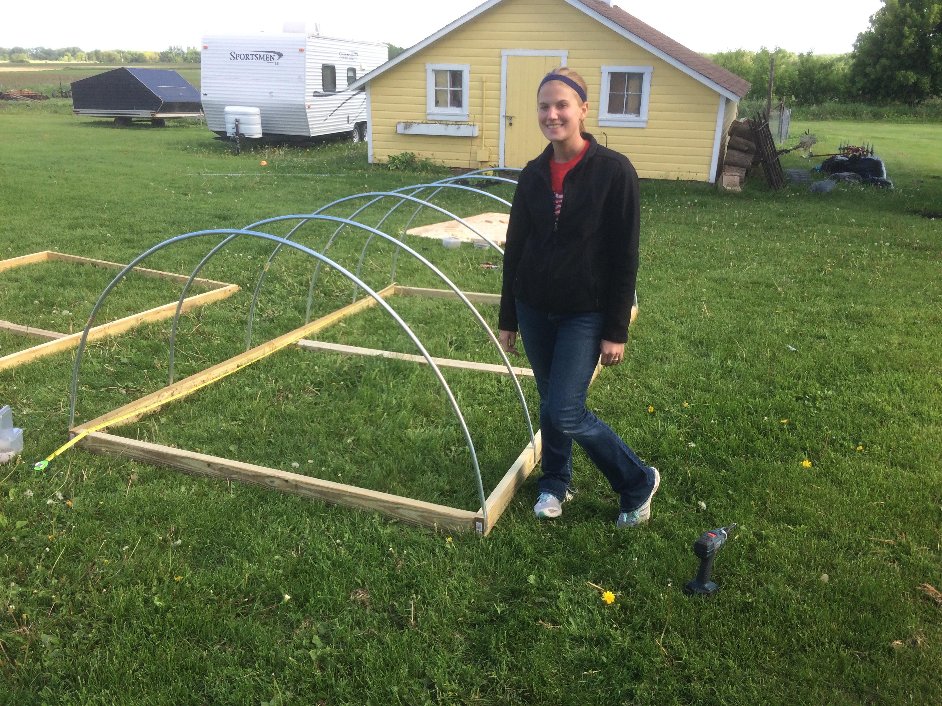 The base with the hoops attached.  They must be exactly 24" on center apart for the hardware cloth to fit.