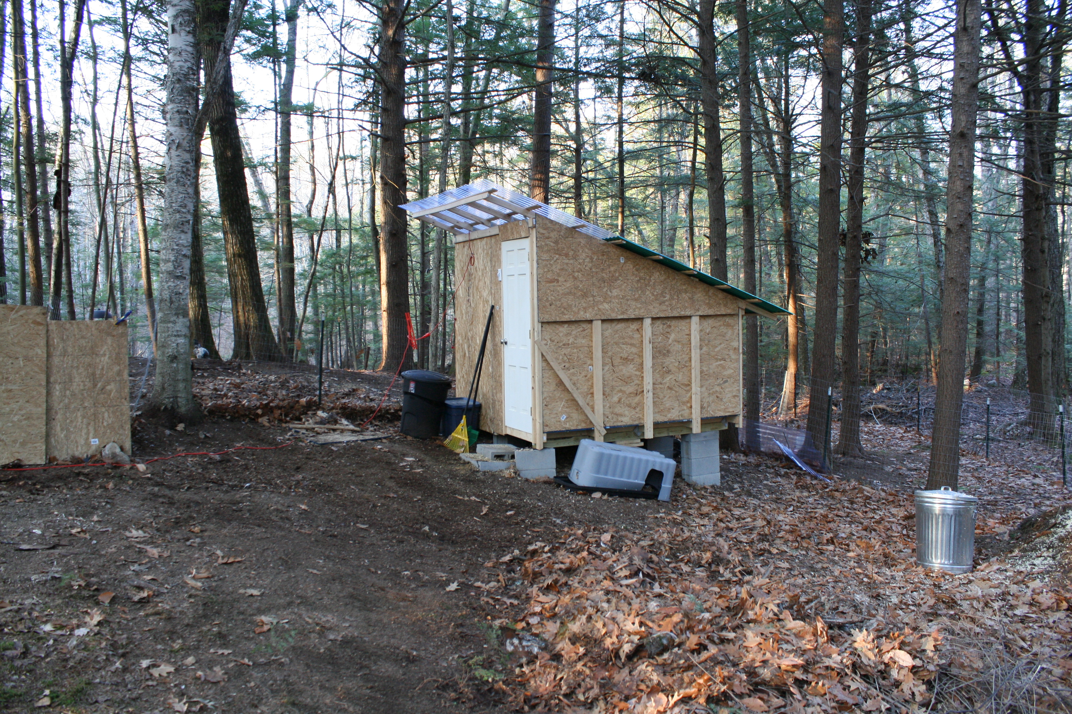 The big coop we built for raising meat birds.  8' x 8', attached to a big pasture.  Full sized door, clear section of roofing for a sky light, wired for electricity.  Fun detail the hubby added was 6" of ventilation all around the top and the walls change what side of the 2x4s they are on halfway down to give another gap for air flow.